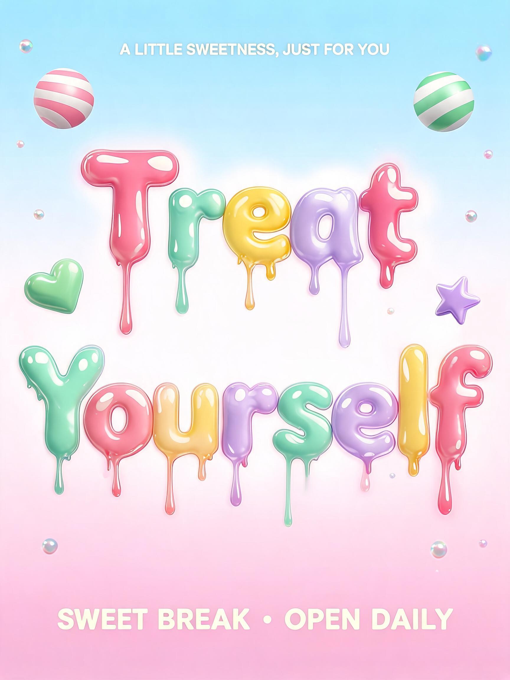 "Design glossy candy letters reading Treat Yourself for my display" — Y2k Bubbly text effect