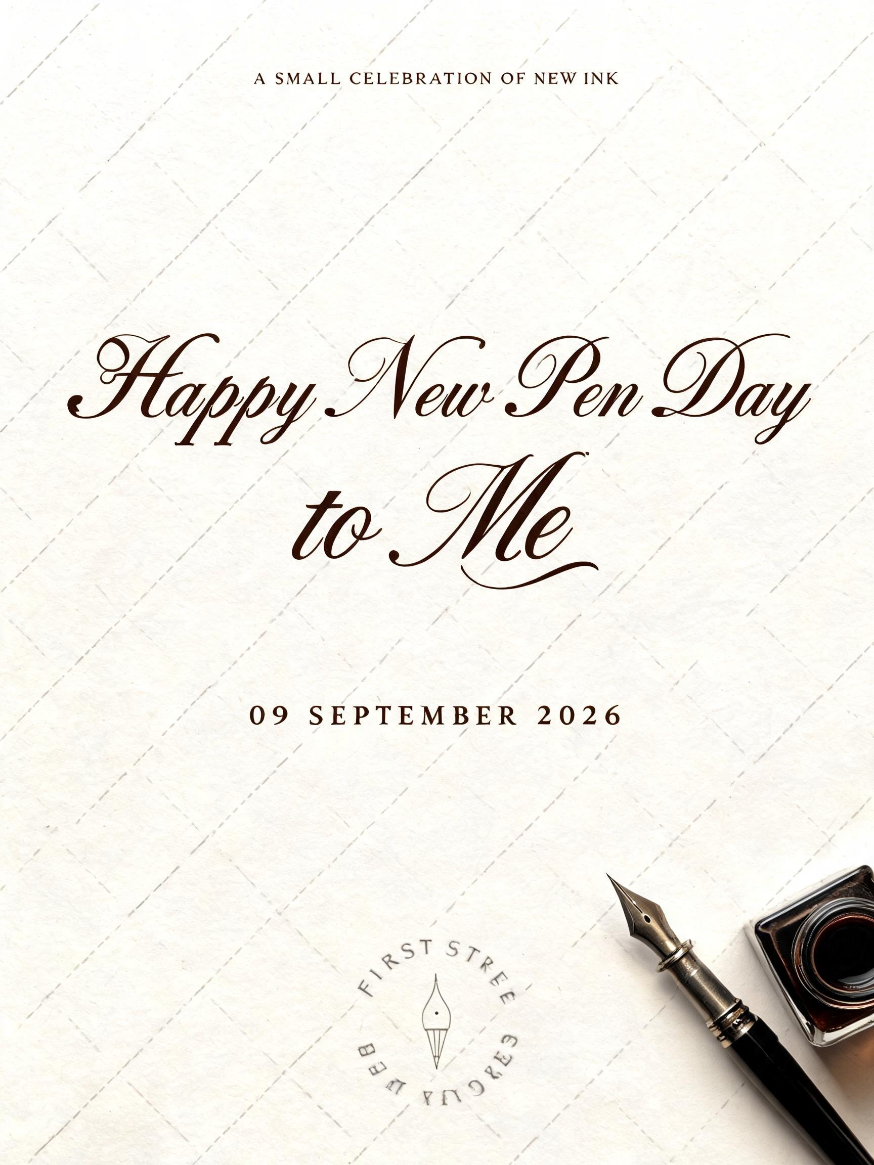 "Happy New Pen Day
to Me
A SMALL CELEBRATION OF NEW INK
09 SEPTEMBER 2026
FIRST STROKES" — Cursive Calligraphy | AI Text Effect Generator
