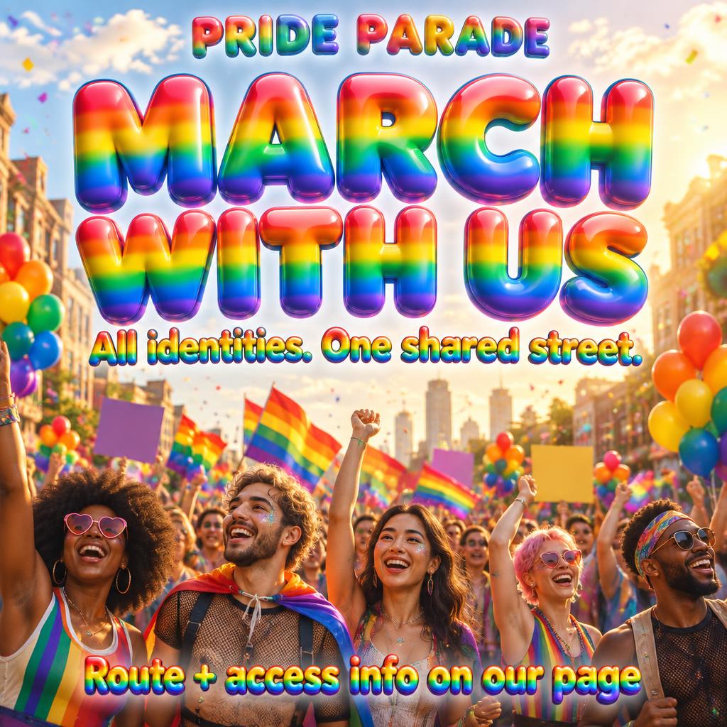 "MARCH WITH US
PRIDE PARADE
All identities. One shared street.
Route + access info on our page" — Rainbow | AI Text Effect Generator