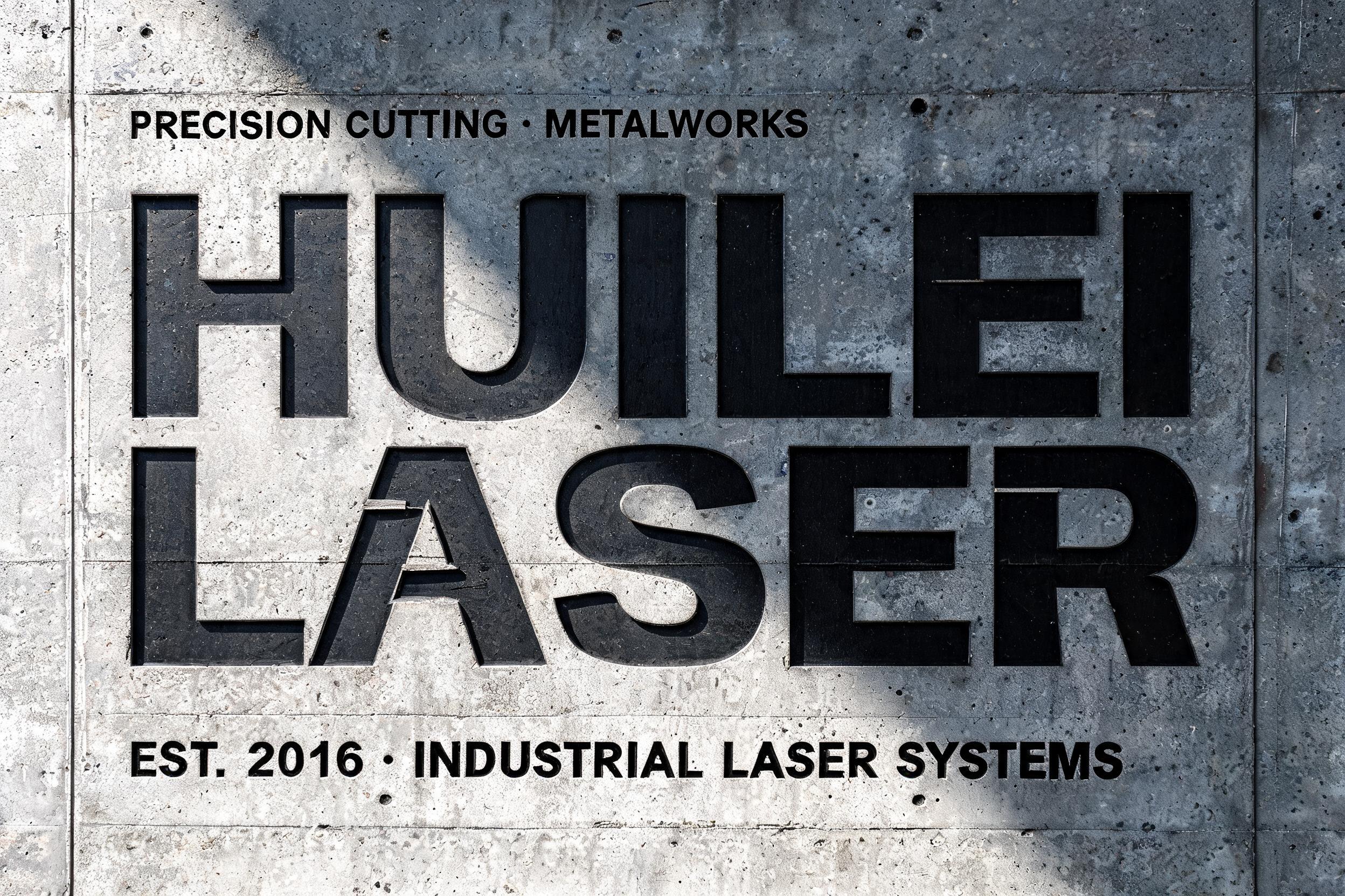 "HUILEI LASER
PRECISION CUTTING · METALWORKS
EST. 2016 · INDUSTRIAL LASER SYSTEMS" — Stencil text effect