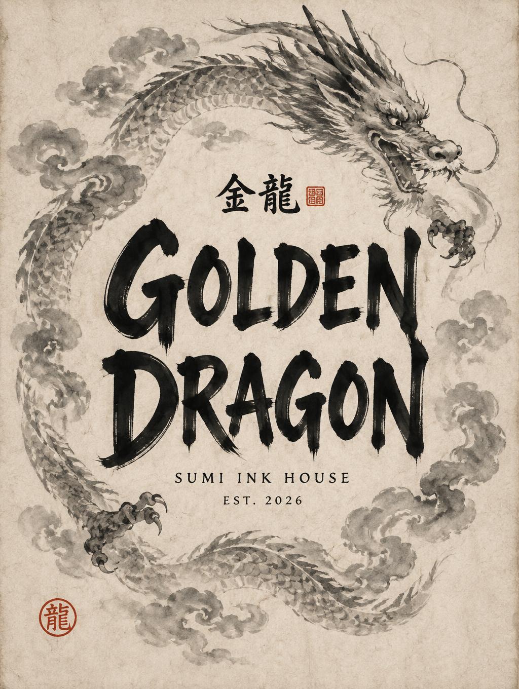 "GOLDEN
DRAGON
金龍
SUMI INK HOUSE
EST. 2026" — Brush Chinese Ink | AI Text Effect Generator