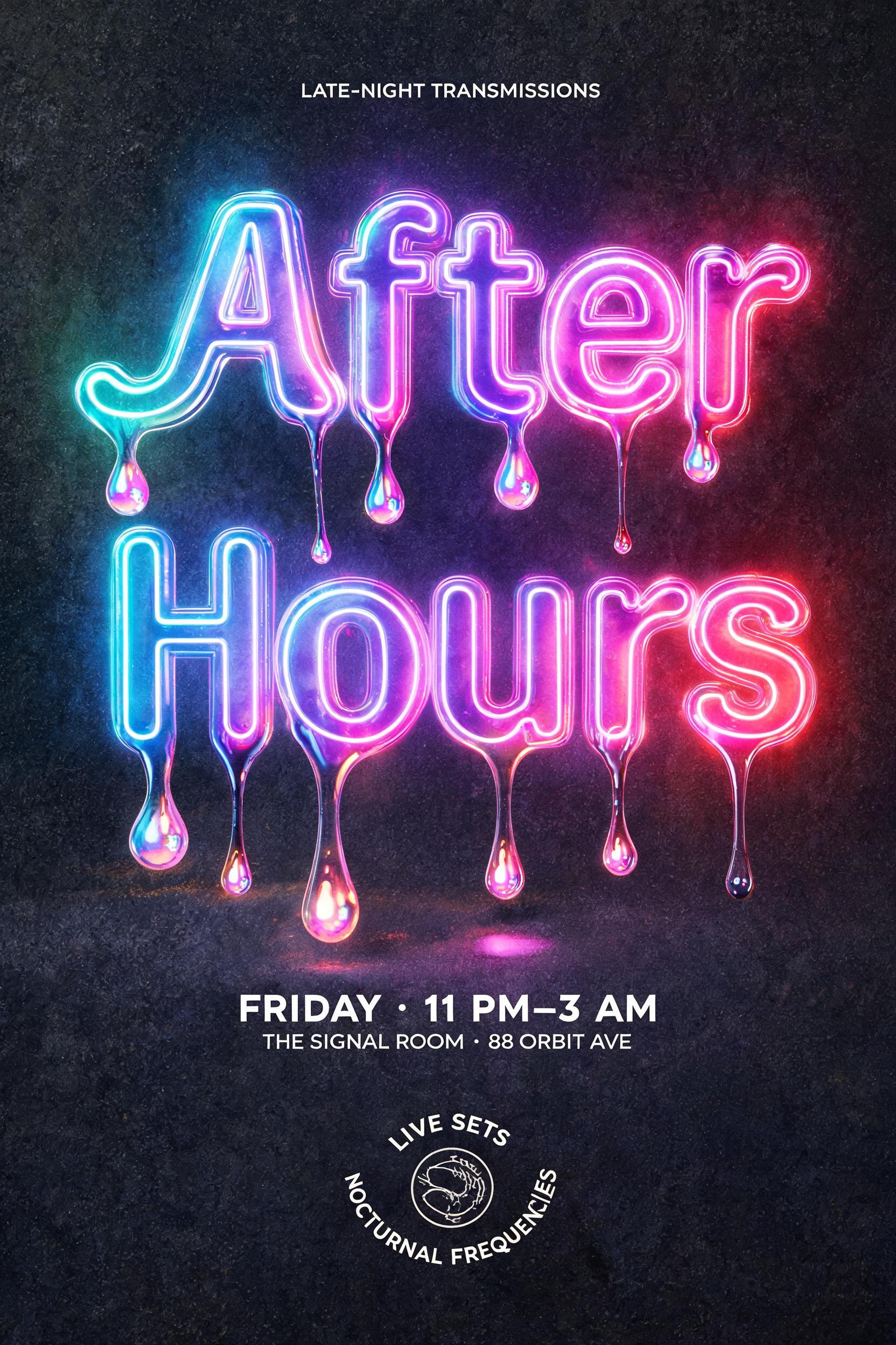 "After
Hours
LATE-NIGHT TRANSMISSIONS
FRIDAY · 11 PM–3 AM
THE SIGNAL ROOM · 88 ORBIT AVE
LIVE SETS
NOCTURNAL FREQUENCIES" — Drip Font Melting | AI Text Effect Generator