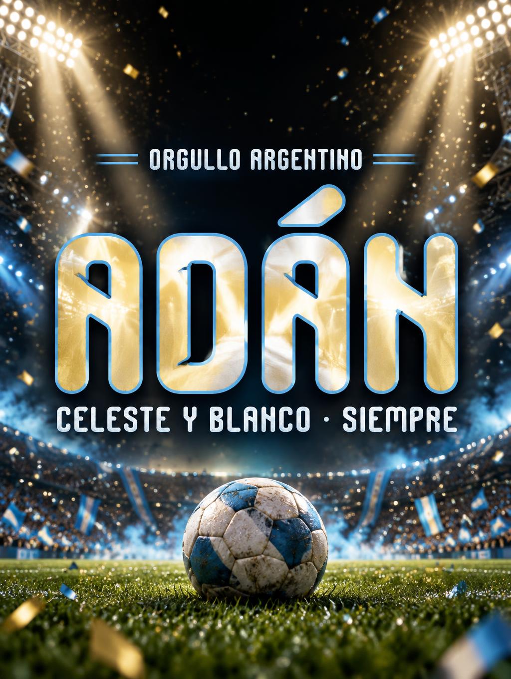 "ADÁN
ORGULLO ARGENTINO
CELESTE Y BLANCO · SIEMPRE" — Sports Football | AI Text Effect Generator