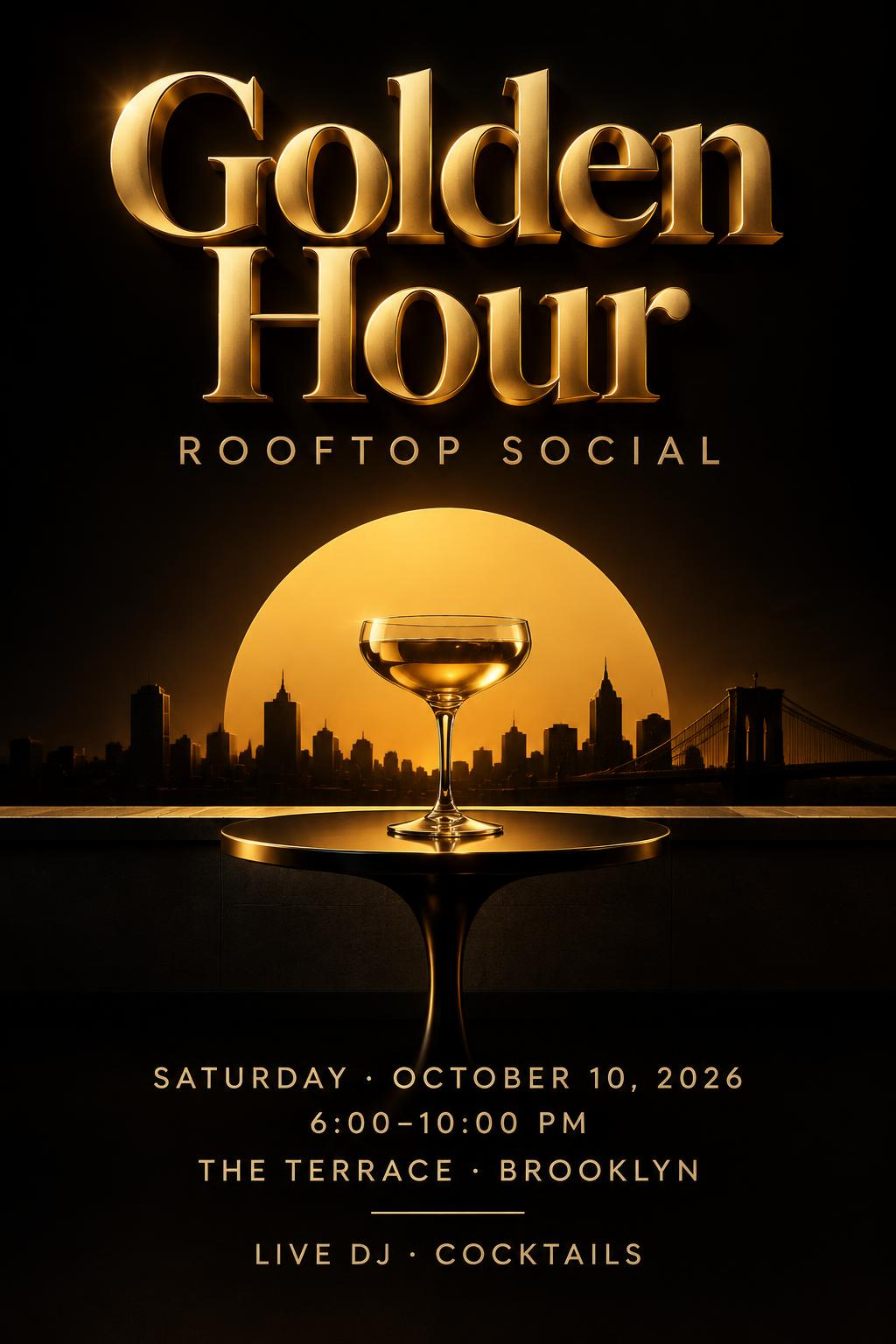 "Golden Hour
ROOFTOP SOCIAL
SATURDAY · OCTOBER 10, 2026
6:00–10:00 PM
THE TERRACE · BROOKLYN
LIVE DJ · COCKTAILS" — 3d Bold Gold | AI Text Effect Generator