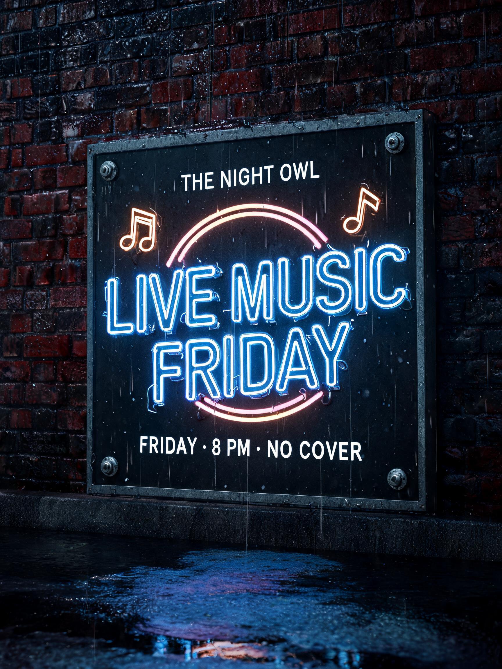 "Design a glowing sign reading Live Music Friday for our board" — Neon Sign | AI Text Effect Generator