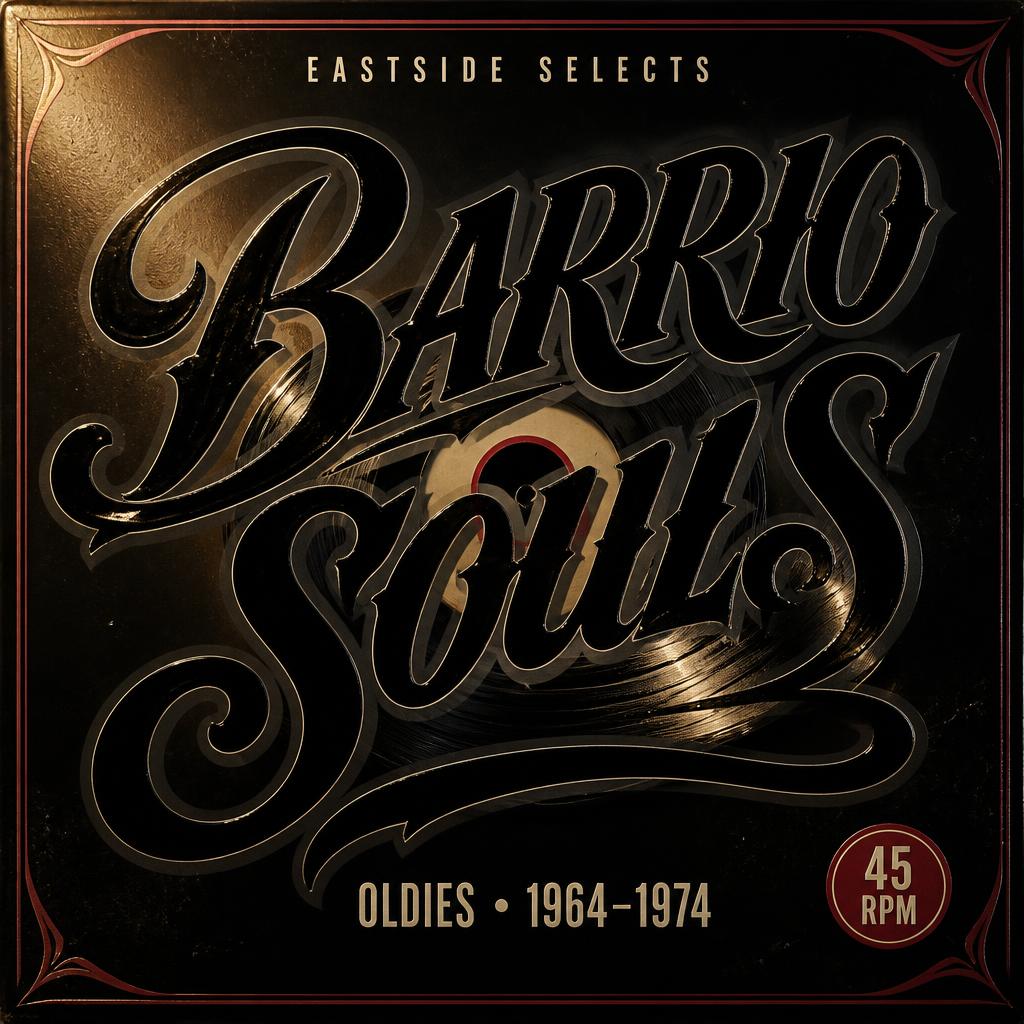 "BARRIO SOULS
EASTSIDE SELECTS
OLDIES • 1964–1974
45 RPM" — Chicano text effect