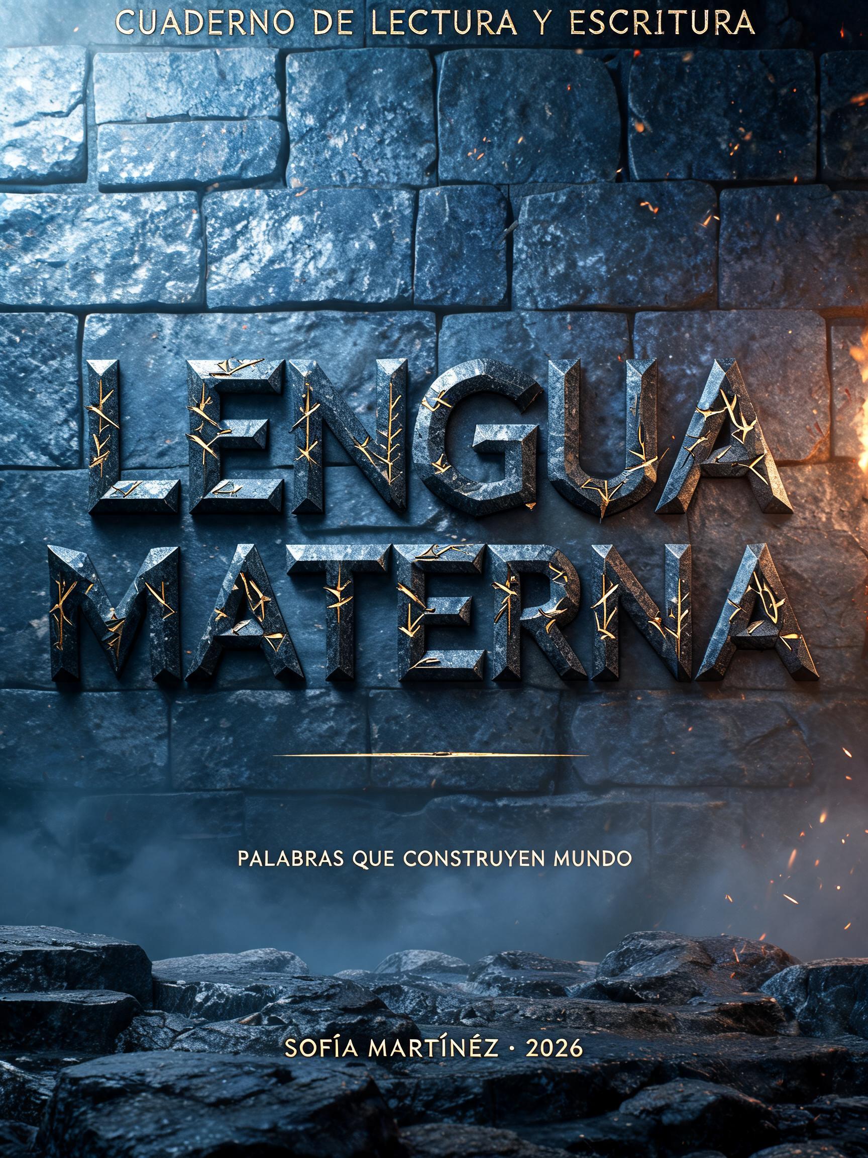 "LENGUA
MATERNA
CUADERNO DE LECTURA Y ESCRITURA
PALABRAS QUE CONSTRUYEN MUNDO
SOFÍA MARTÍNEZ · 2026" — Viking | AI Text Effect Generator