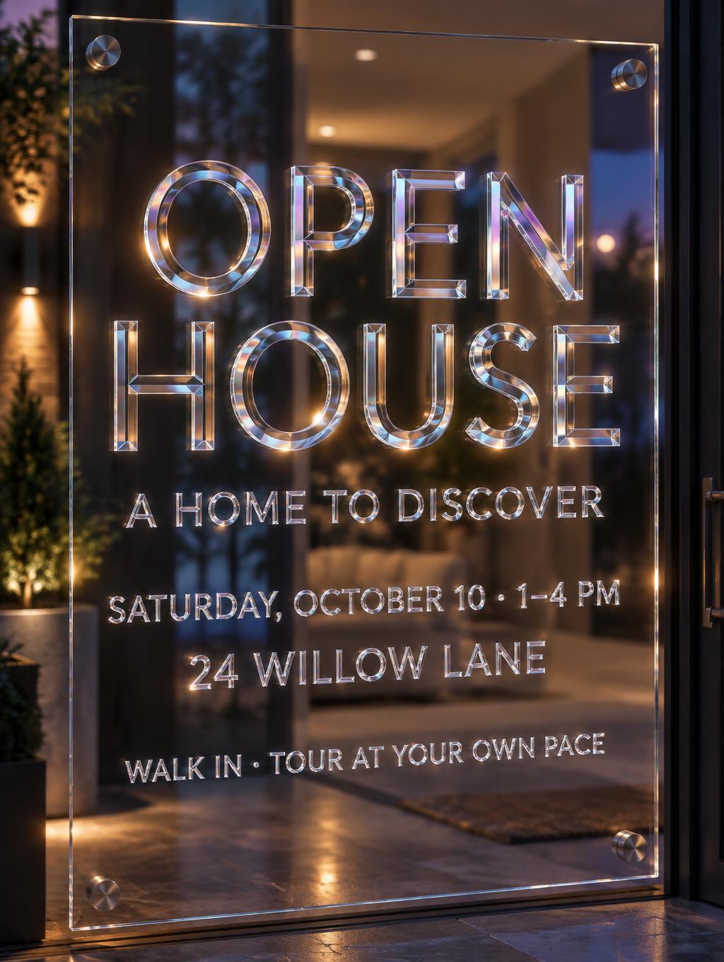"OPEN HOUSE
A HOME TO DISCOVER
SATURDAY, OCTOBER 10 · 1–4 PM
24 WILLOW LANE
WALK IN · TOUR AT YOUR OWN PACE" — Glass Morphism | AI Text Effect Generator
