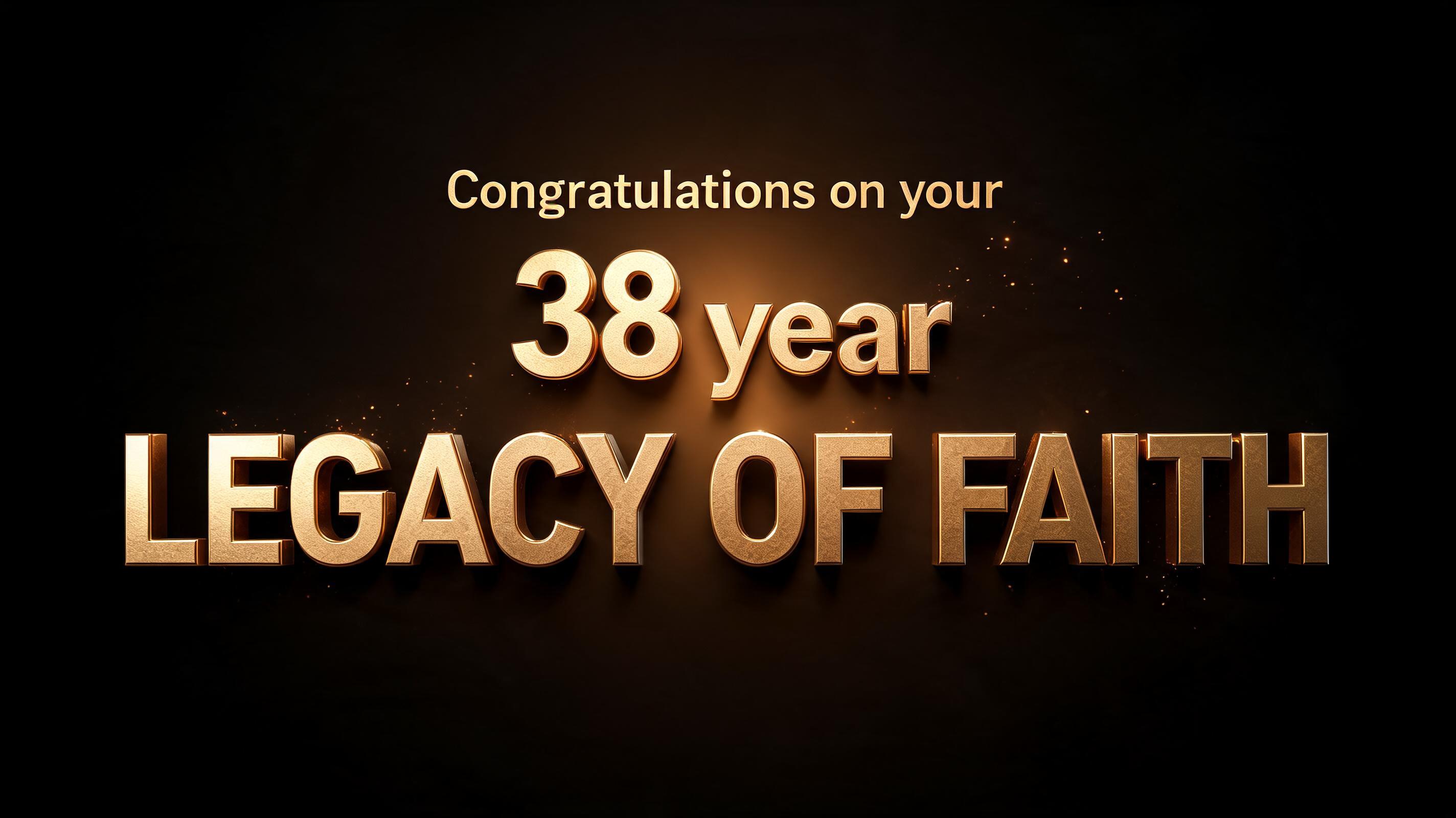 "Congratulations on your 38 year Legacy of Faith!" — 3d Bold Gold | AI Text Effect Generator
