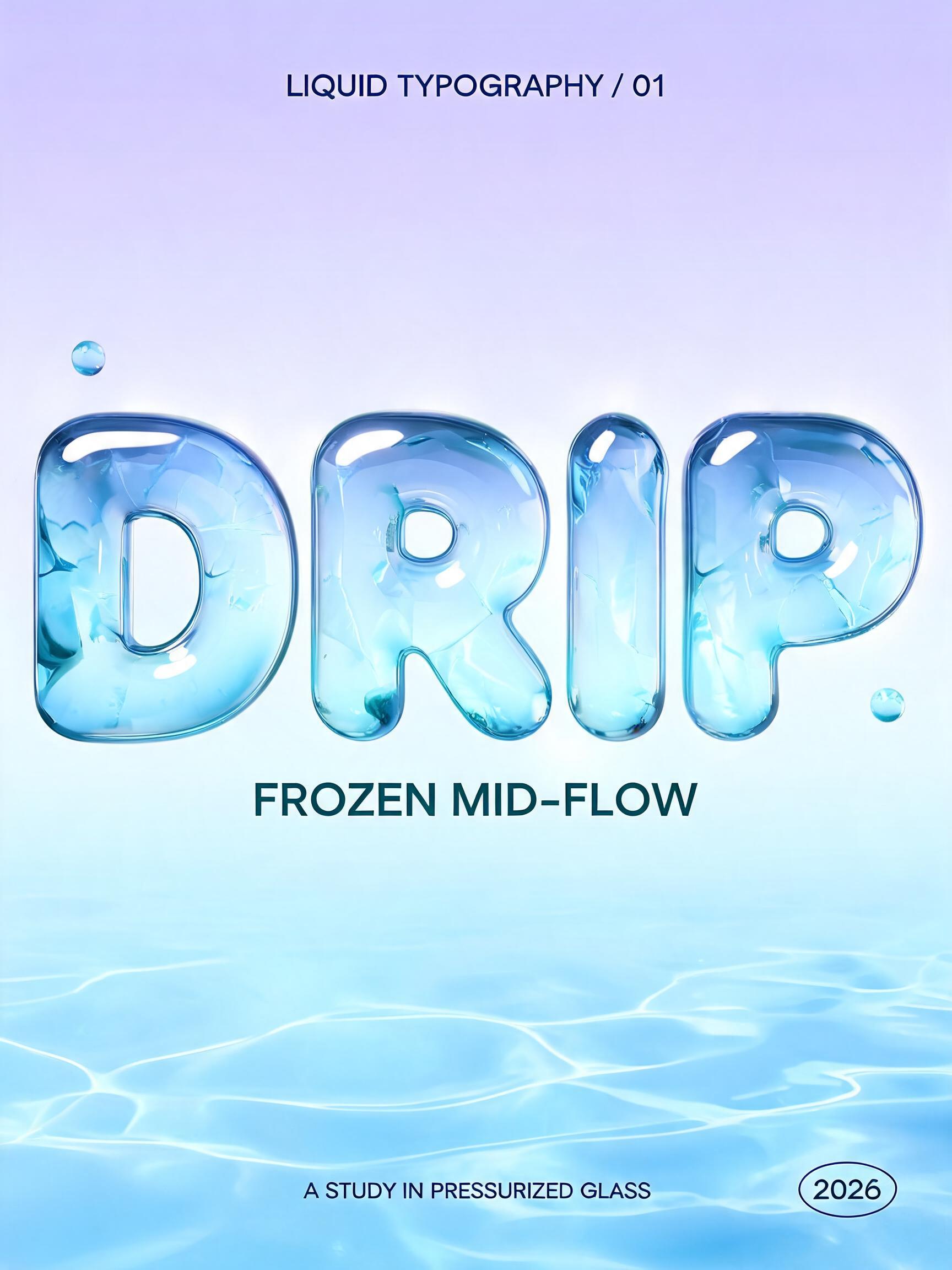 "DRIP
LIQUID TYPOGRAPHY / 01
FROZEN MID-FLOW
A STUDY IN PRESSURIZED GLASS
2026" — Glass Liquid | AI Text Effect Generator