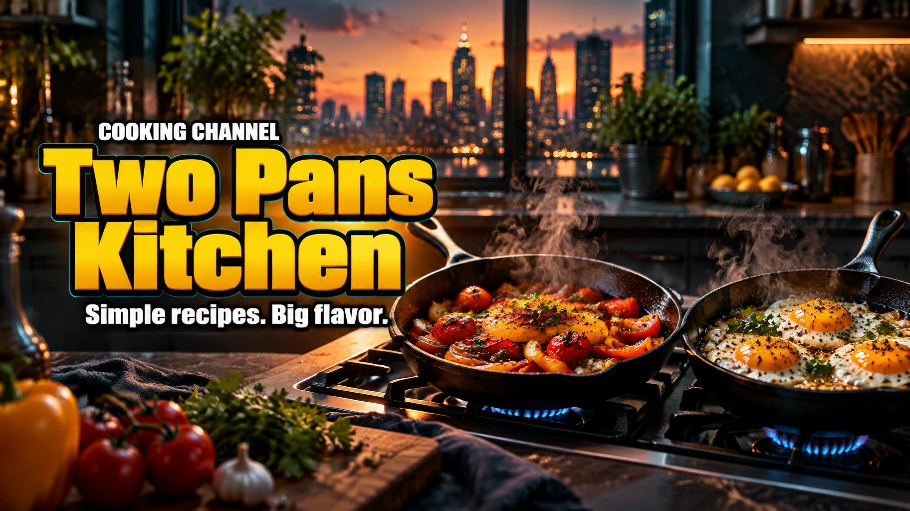 "Two Pans Kitchen
Simple recipes. Big flavor.
COOKING CHANNEL" — Cinematic Youtube Creator | AI Text Effect Generator