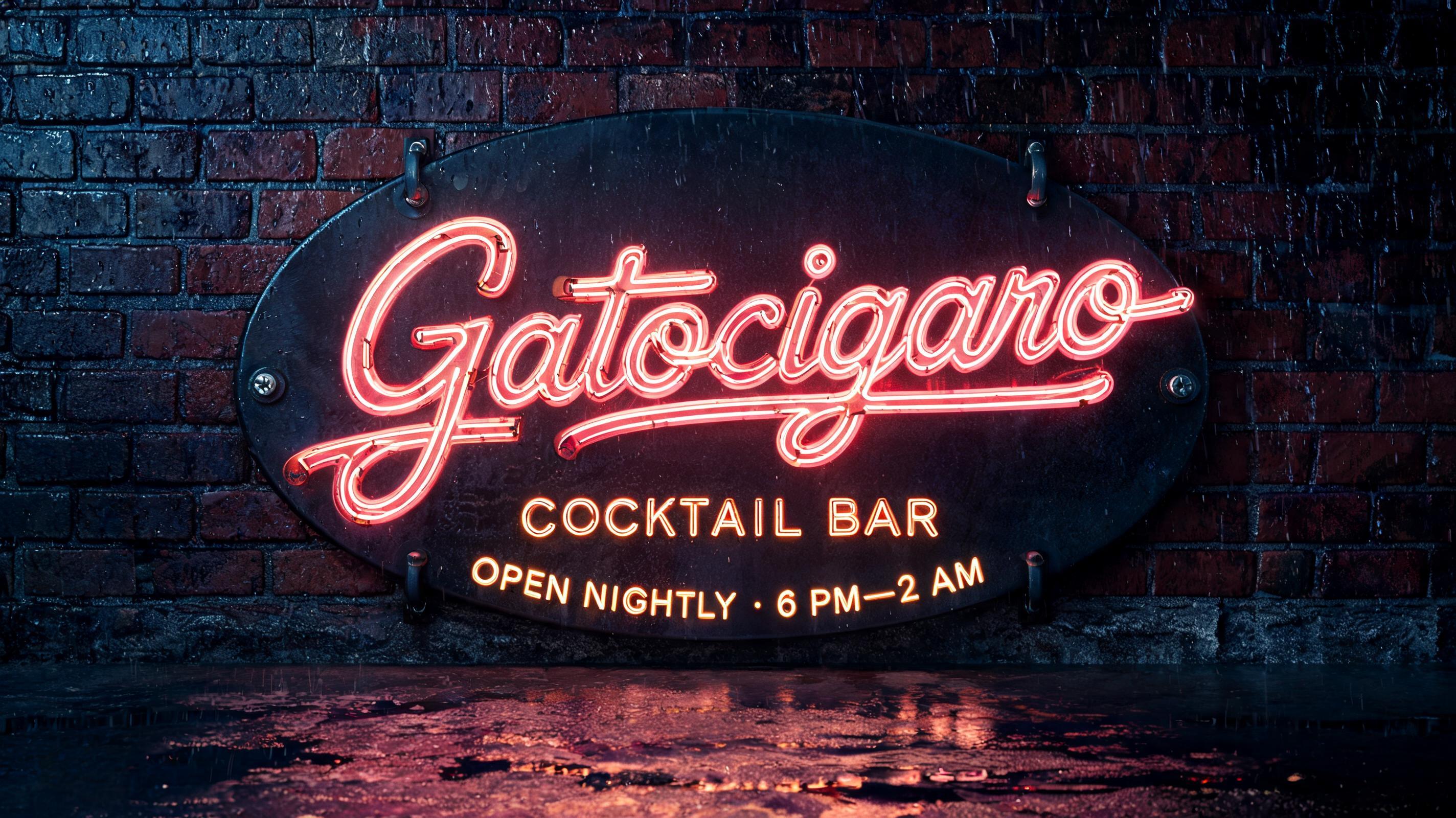 "Gatocigaro
COCKTAIL BAR
OPEN NIGHTLY · 6 PM—2 AM" — Neon Sign | AI Text Effect Generator