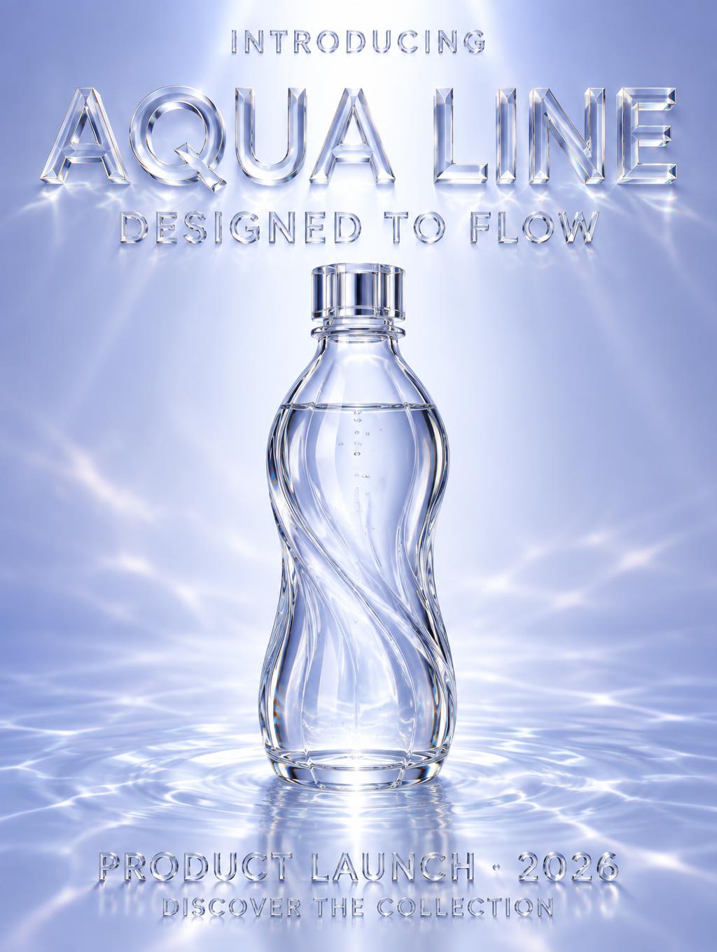 "AQUA LINE
DESIGNED TO FLOW
PRODUCT LAUNCH · 2026
DISCOVER THE COLLECTION
INTRODUCING" — Glass | AI Text Effect Generator