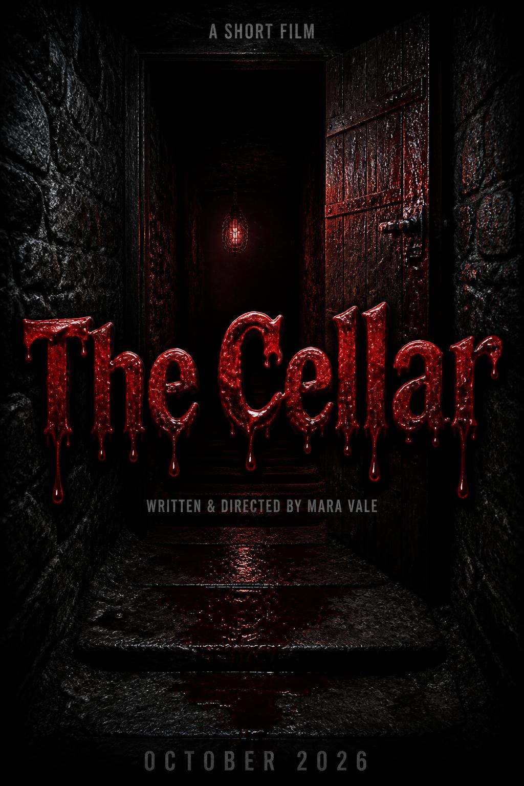 "The Cellar
A SHORT FILM
WRITTEN & DIRECTED BY MARA VALE
OCTOBER 2026" — Drip Font Blood | AI Text Effect Generator
