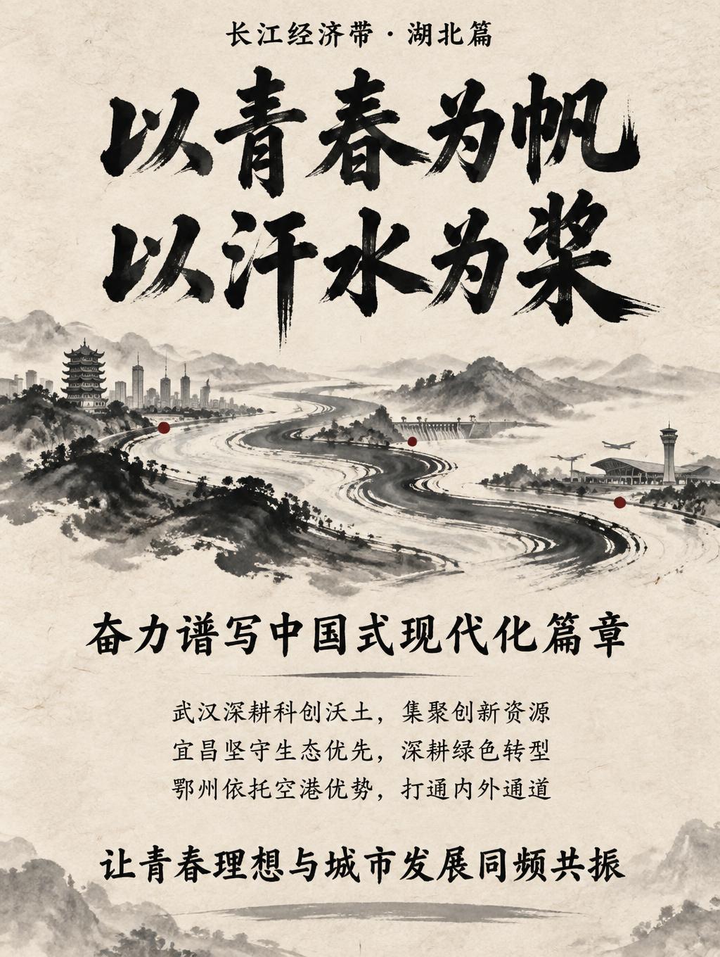 "以青春为帆
以汗水为桨
奋力谱写中国式现代化篇章
武汉深耕科创沃土，集聚创新资源
宜昌坚守生态优先，深耕绿色转型
鄂州依托空港优势，打通内外通道
让青春理想与城市发展同频共振
长江经济带·湖北篇" — Brush Chinese Ink | AI Text Effect Generator