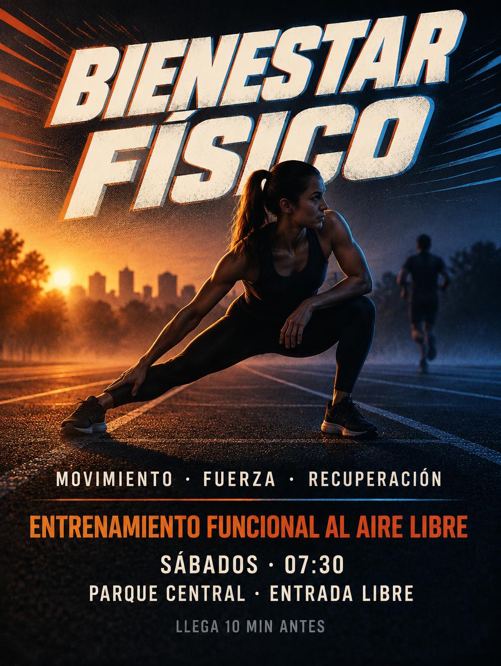 "BIENESTAR
FÍSICO
MOVIMIENTO · FUERZA · RECUPERACIÓN
ENTRENAMIENTO FUNCIONAL AL AIRE LIBRE
SÁBADOS · 07:30
PARQUE CENTRAL · ENTRADA LIBRE
LLEGA 10 MIN ANTES" — Sports | AI Text Effect Generator