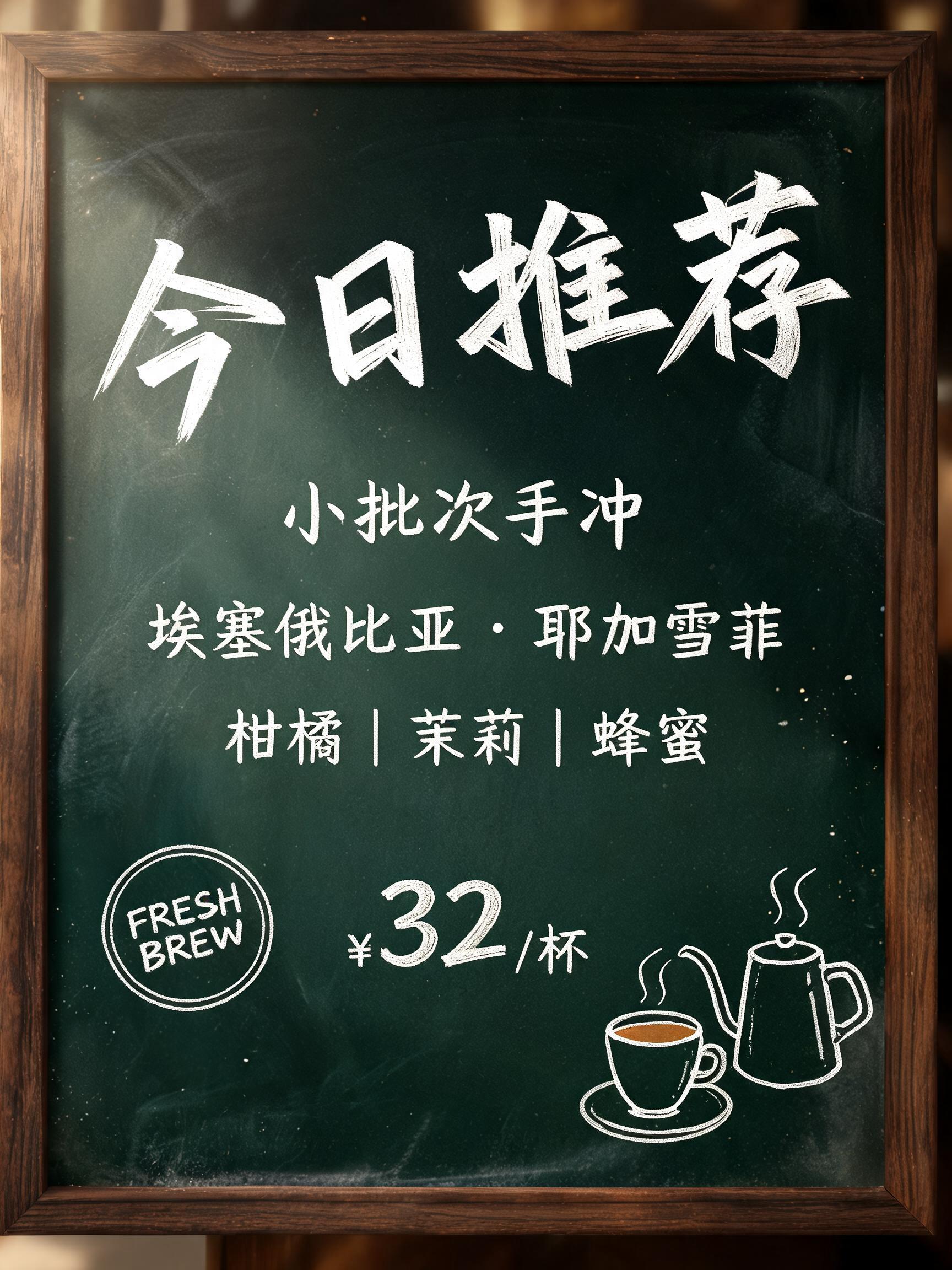 "今日推荐
小批次手冲
埃塞俄比亚·耶加雪菲
柑橘｜茉莉｜蜂蜜
¥32 / 杯
FRESH BREW" — Handwritten Script | AI Text Effect Generator