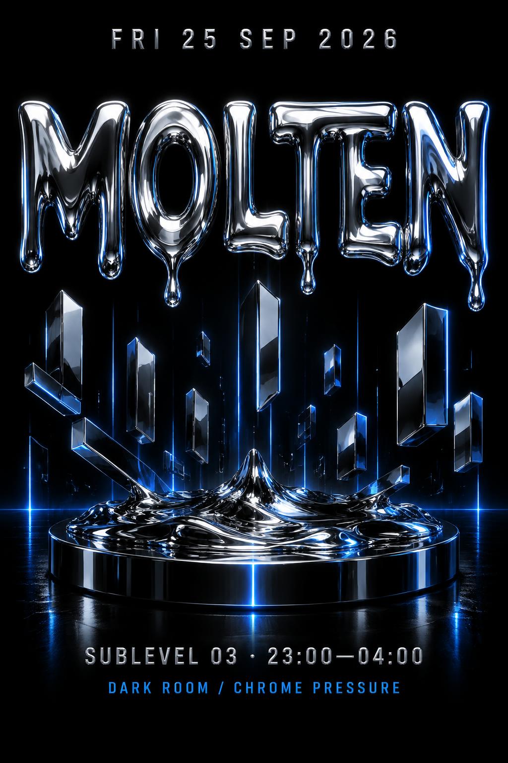 "MOLTEN
FRI 25 SEP 2026
SUBLEVEL 03 · 23:00—04:00
DARK ROOM / CHROME PRESSURE" — Chrome Metal 3d | AI Text Effect Generator