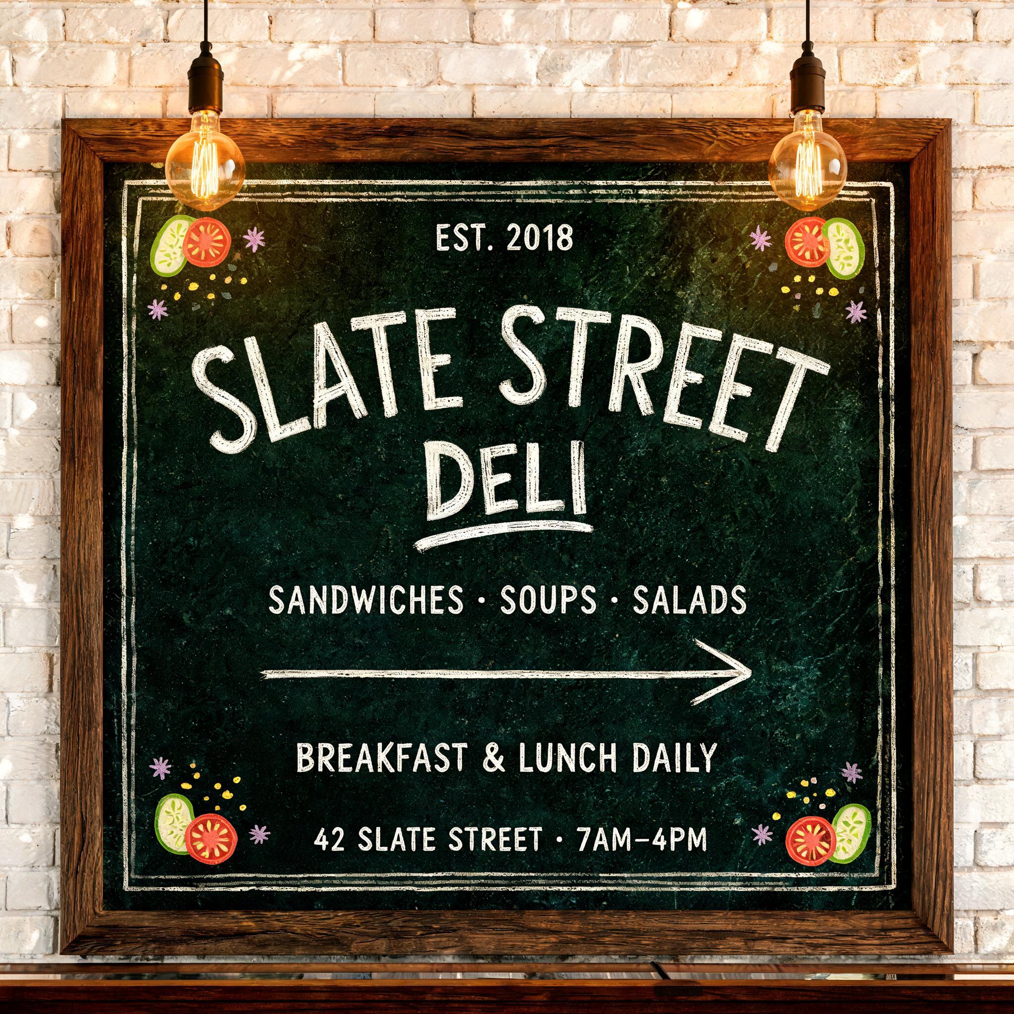 "EST. 2018
SLATE STREET
DELI
SANDWICHES · SOUPS · SALADS
BREAKFAST & LUNCH DAILY
42 SLATE STREET · 7AM–4PM" — chalk text effect