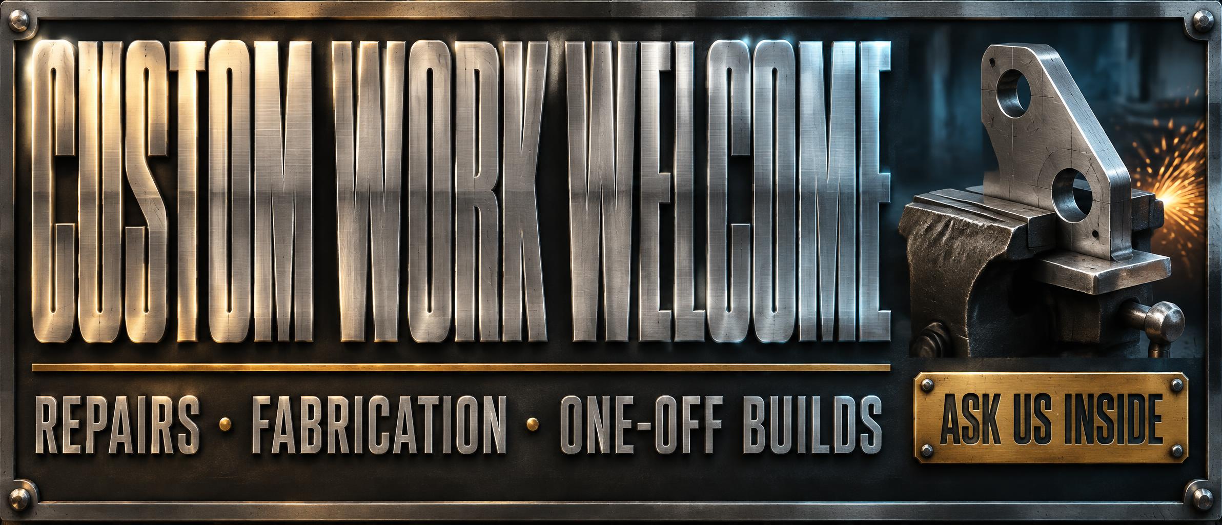 "CUSTOM WORK WELCOME
REPAIRS · FABRICATION · ONE-OFF BUILDS
ASK US INSIDE" — Metallic | AI Text Effect Generator
