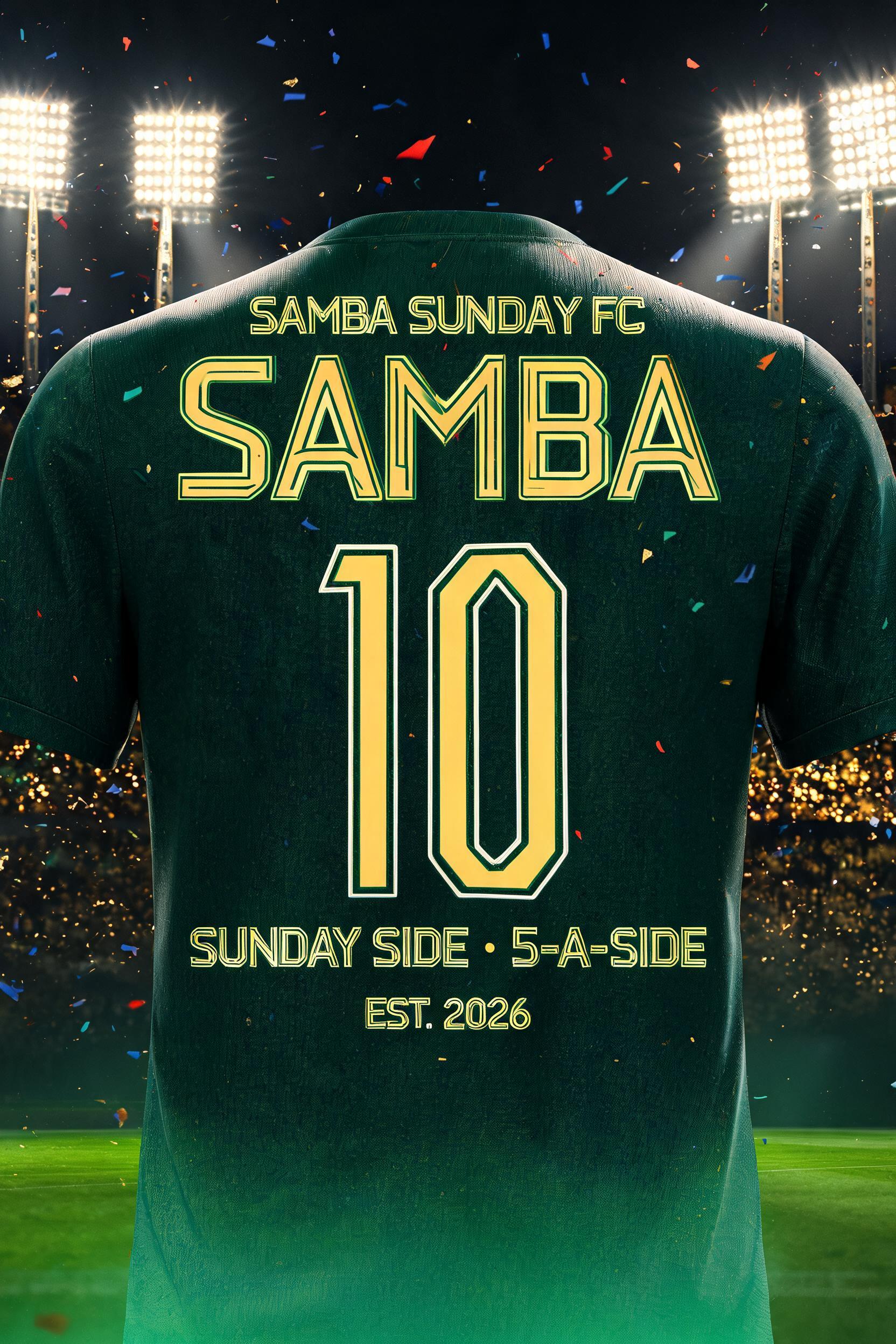 "SAMBA
10
SAMBA SUNDAY FC
SUNDAY SIDE · 5-A-SIDE
EST. 2026" — Sports Football | AI Text Effect Generator
