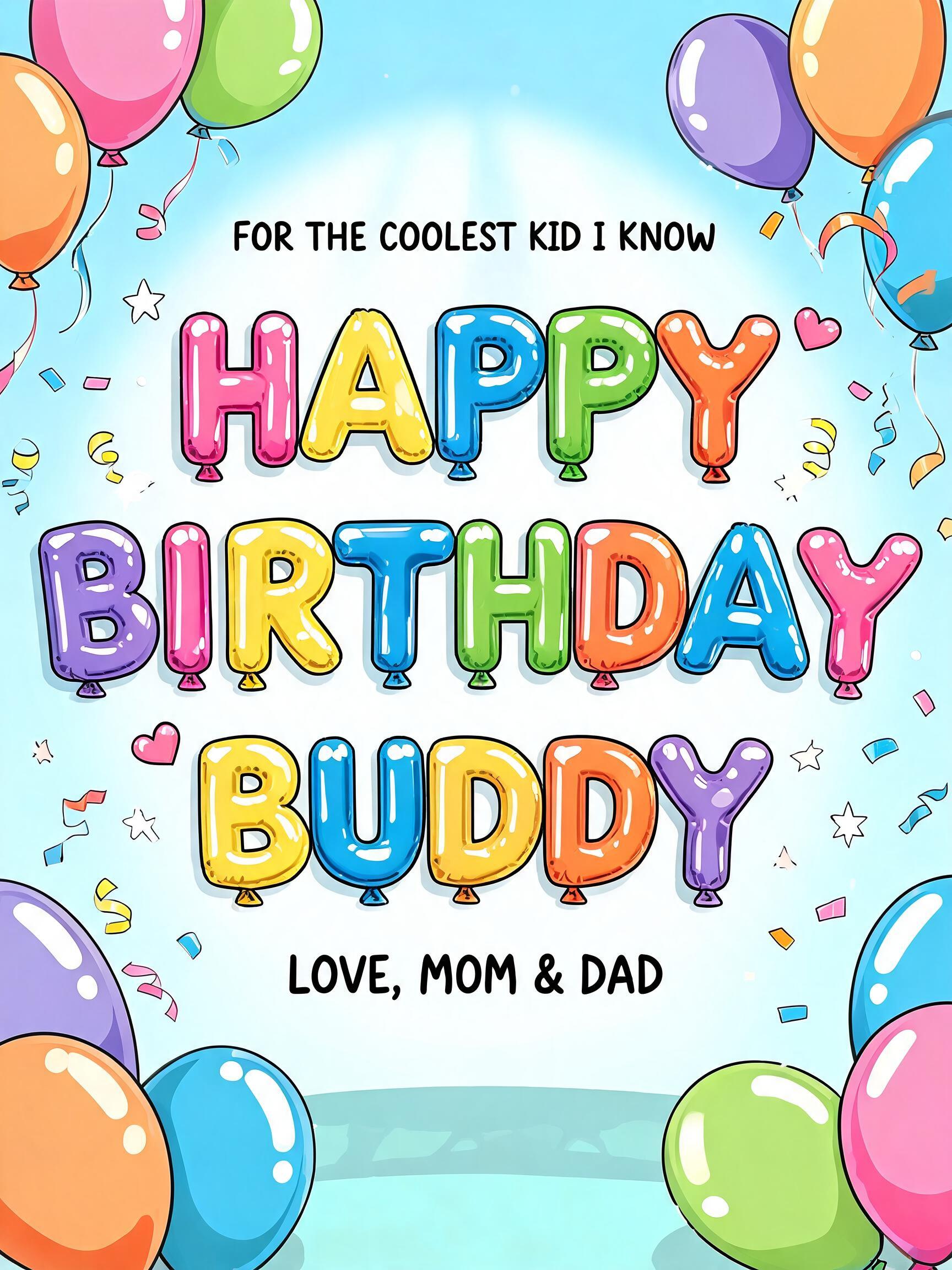 "Make me a birthday card for my son that says HAPPY BIRTHDAY BUDDY" — Birthday Kids text effect