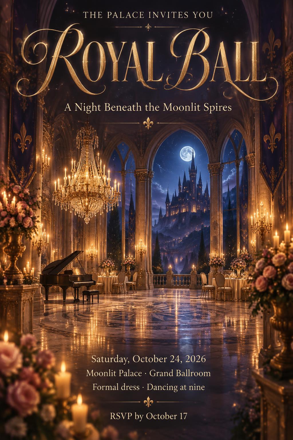 "ROYAL BALL
THE PALACE INVITES YOU
A Night Beneath the Moonlit Spires
Saturday, October 24, 2026
Moonlit Palace · Grand Ballroom
Formal dress · Dancing at nine
RSVP by October 17" — Fairy Tale | AI Text Effect Generator