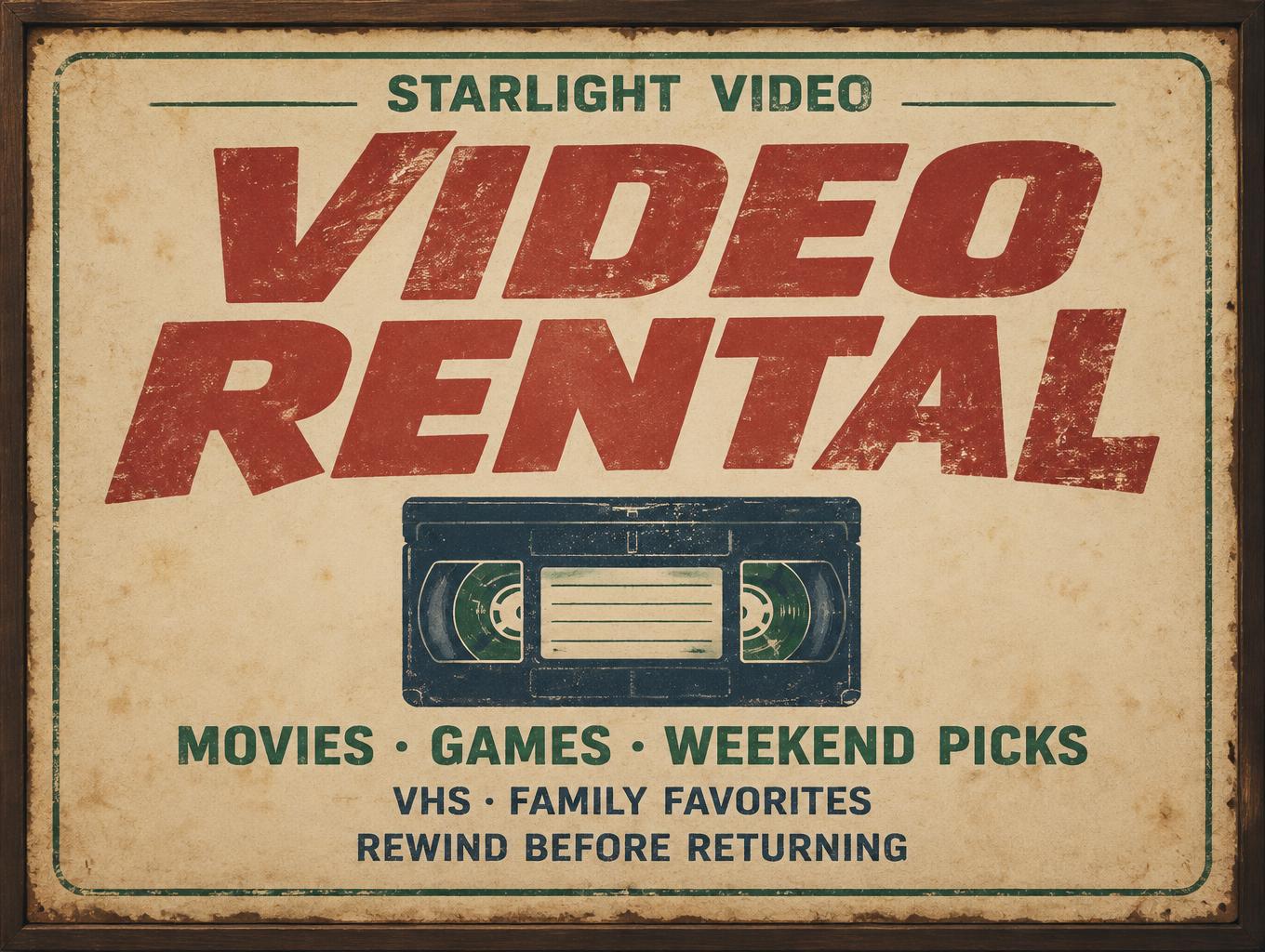 "VIDEO RENTAL
STARLIGHT VIDEO
MOVIES · GAMES · WEEKEND PICKS
VHS · FAMILY FAVORITES
REWIND BEFORE RETURNING" — Vintage | AI Text Effect Generator