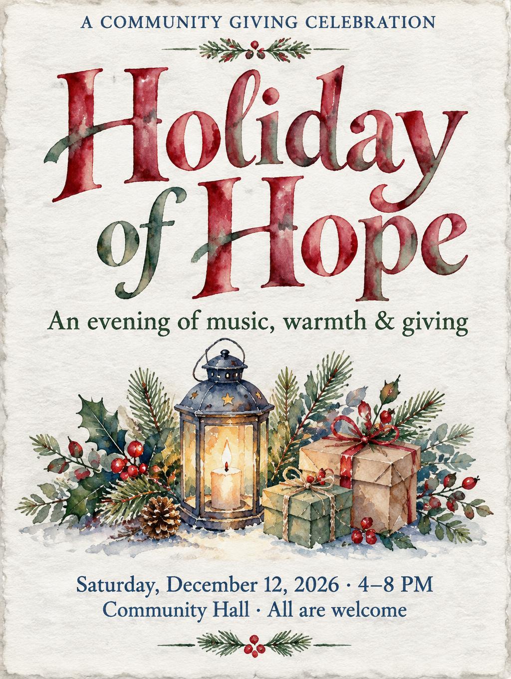 "Holiday of Hope
A COMMUNITY GIVING CELEBRATION
An evening of music, warmth & giving
Saturday, December 12, 2026 · 4–8 PM
Community Hall · All are welcome" — Watercolor text effect
