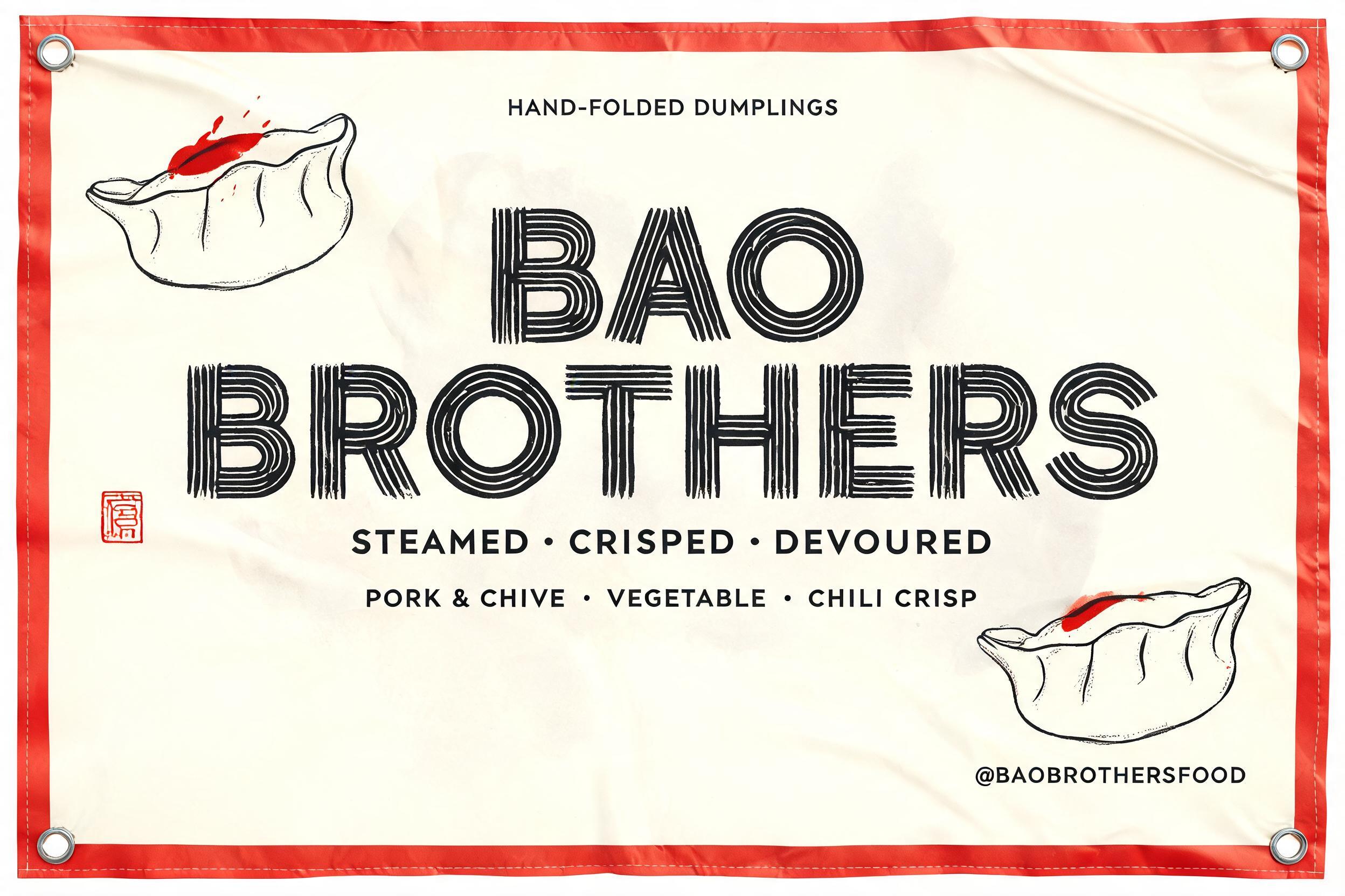 "Generate an eye-catching vinyl banner for our new dumpling food truck Bao Brothers" — Brush Chinese Ink | AI Text Effect Generator