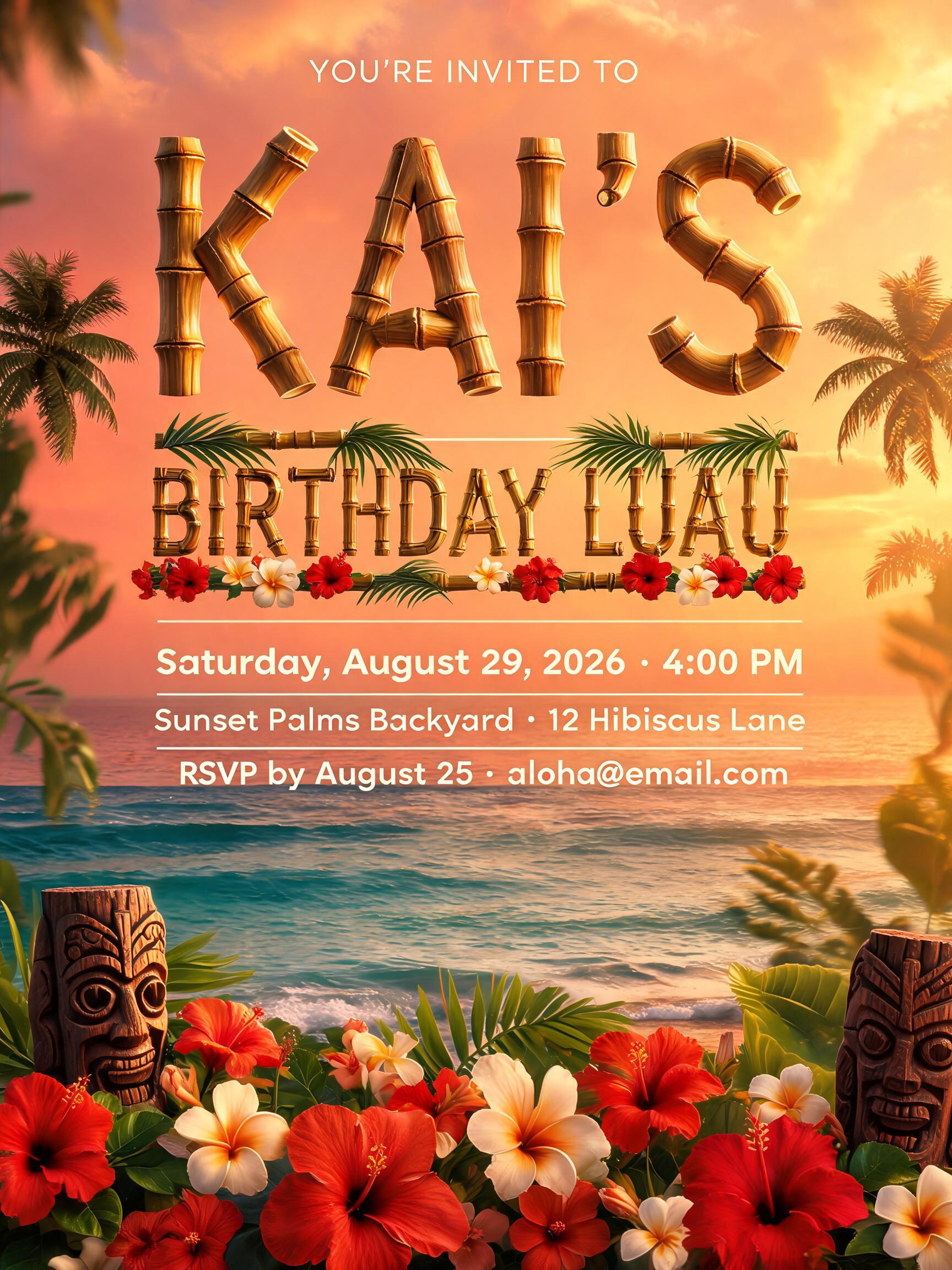 "Design a birthday invite for Kai's Hawaiian-themed party" — Hawaiian | AI Text Effect Generator