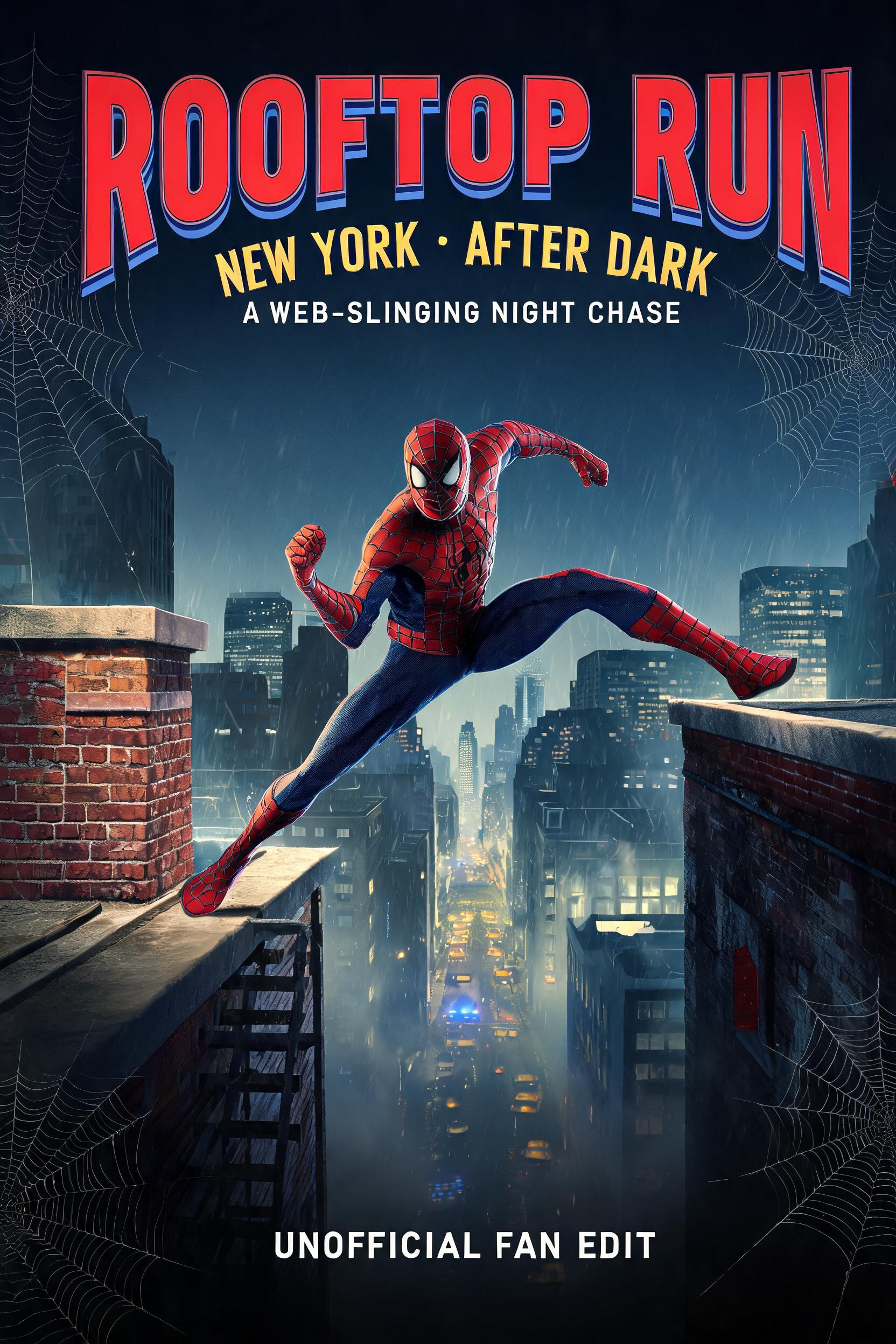 "ROOFTOP RUN
NEW YORK • AFTER DARK
A WEB-SLINGING NIGHT CHASE
UNOFFICIAL FAN EDIT" — Spider Hero text effect