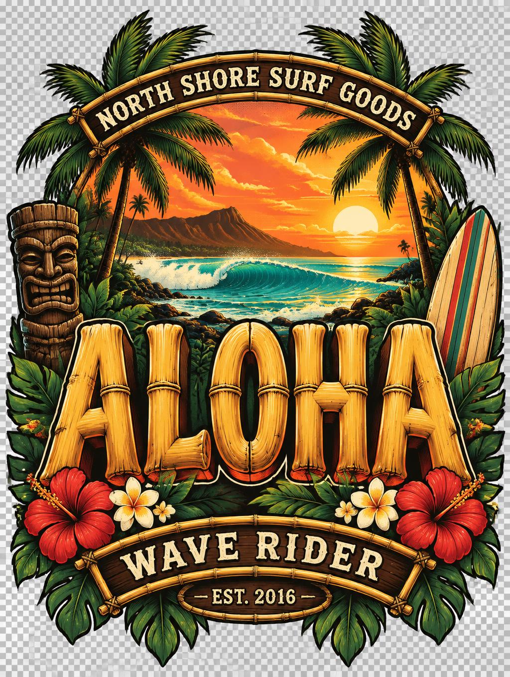 "ALOHA
NORTH SHORE SURF GOODS
WAVE RIDER
EST. 2016" — Hawaiian | AI Text Effect Generator