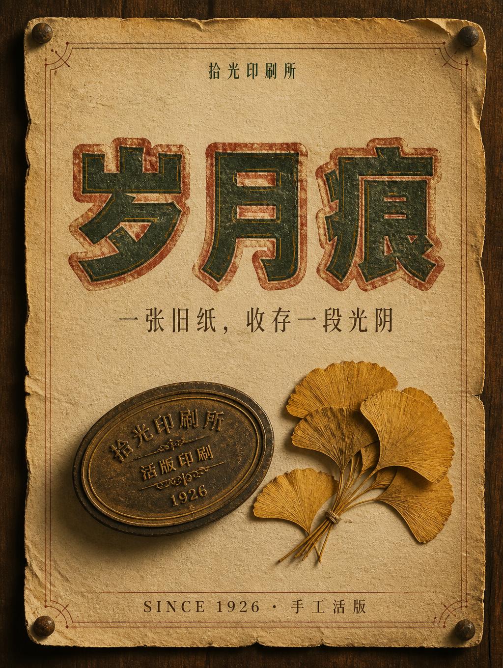 "岁月痕
一张旧纸，收存一段光阴
拾光印刷所
SINCE 1926 · 手工活版" — Vintage | AI Text Effect Generator
