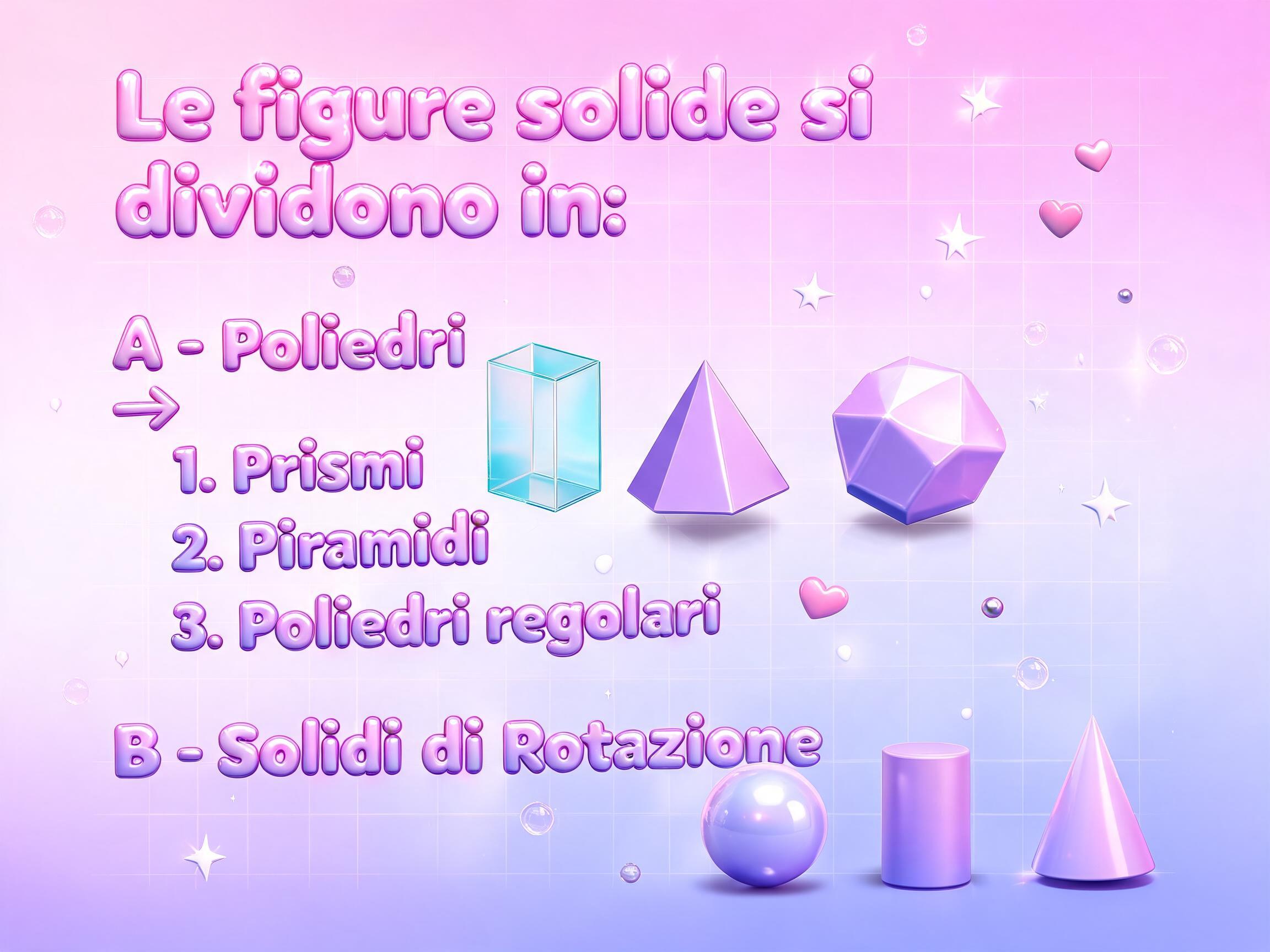 "Le figure solide si dividono in:

A - Poliedri	-->1. Prismi, 2. Piramidi, 3. Poliedri regolari
B - Solidi di Rotazione" — Y2k Bubbly | AI Text Effect Generator