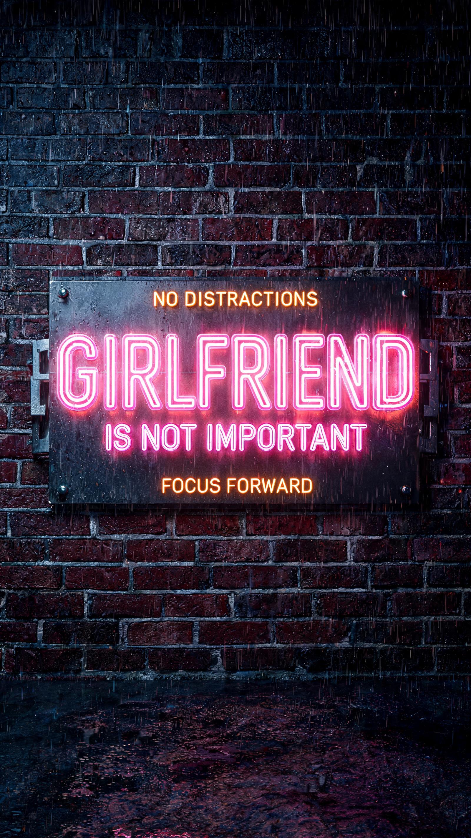 "GIRLFRIEND
IS NOT IMPORTANT
NO DISTRACTIONS
FOCUS FORWARD" — neon sign text effect
