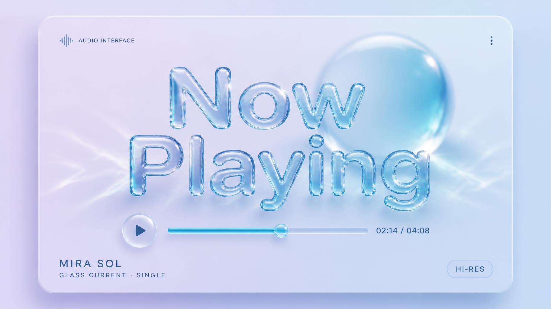 "Now
Playing
AUDIO INTERFACE
02:14 / 04:08
MIRA SOL
GLASS CURRENT · SINGLE
HI-RES" — Glass Liquid | AI Text Effect Generator