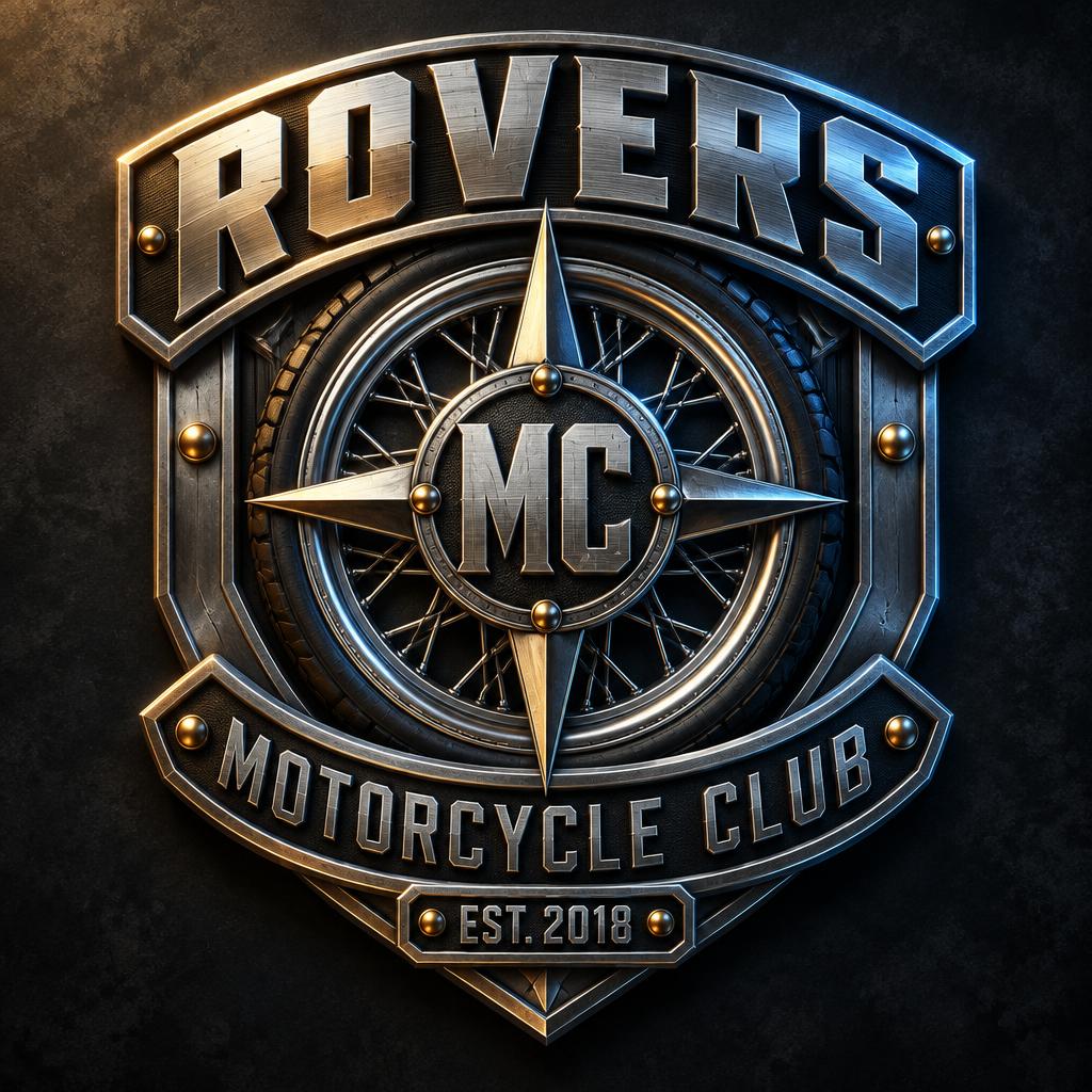 "ROVERS
MC
MOTORCYCLE CLUB
EST. 2018" — Metallic | AI Text Effect Generator