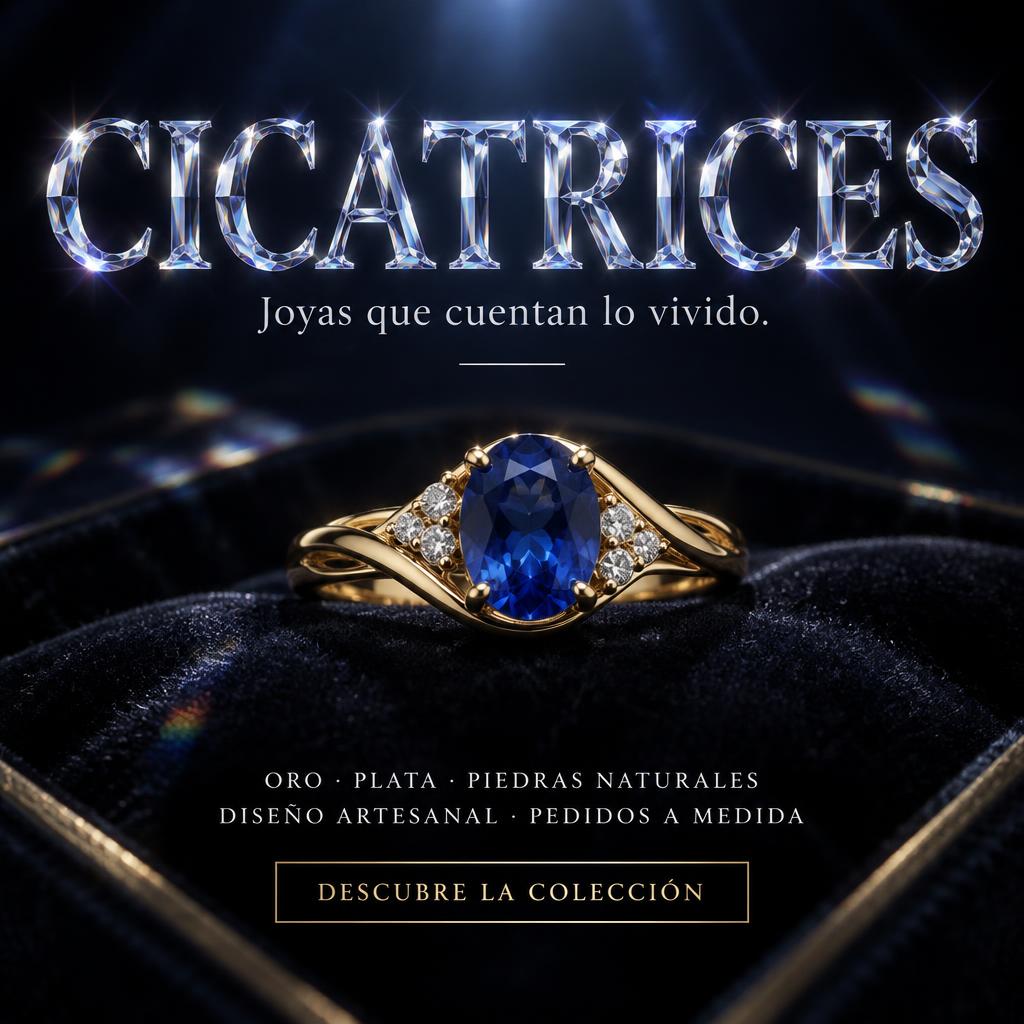 "CICATRICES
Joyas que cuentan lo vivido.
ORO · PLATA · PIEDRAS NATURALES
DISEÑO ARTESANAL · PEDIDOS A MEDIDA
DESCUBRE LA COLECCIÓN" — Glass Crystal | AI Text Effect Generator