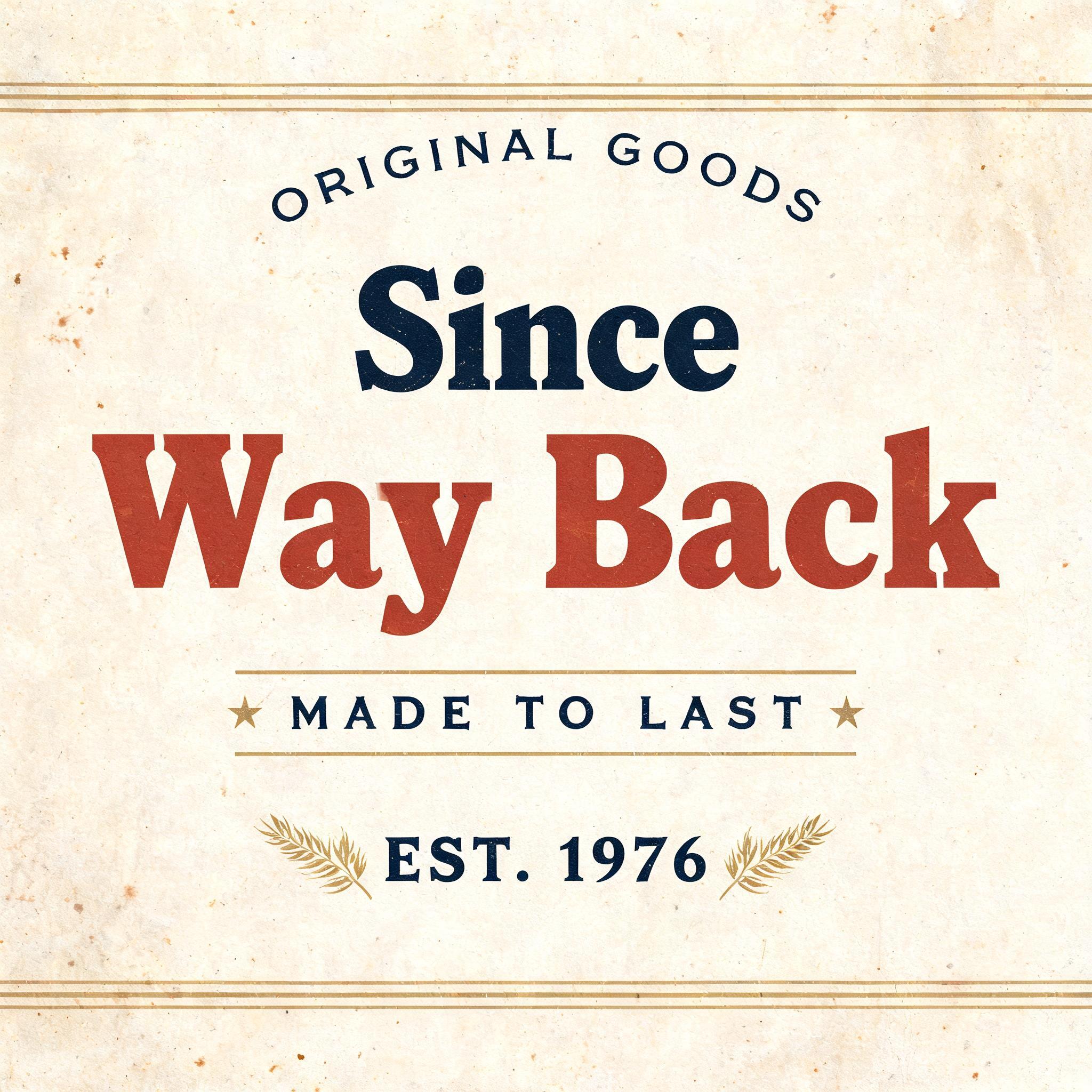 "Since
Way Back
ORIGINAL GOODS
MADE TO LAST
EST. 1976" — Vintage | AI Text Effect Generator