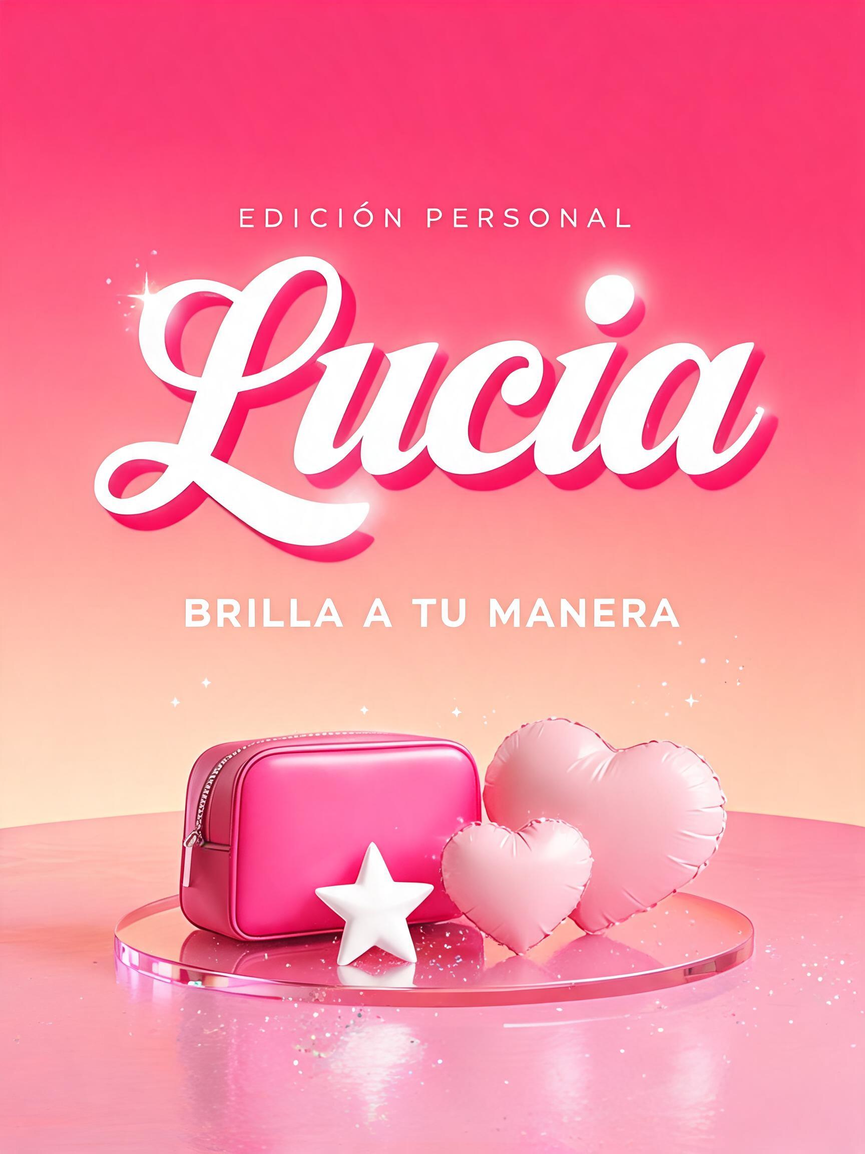 "Lucia
EDICIÓN PERSONAL
BRILLA A TU MANERA" — Barbie | AI Text Effect Generator