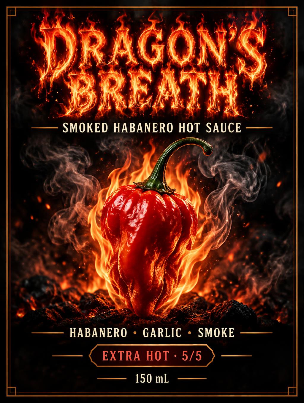 "DRAGON'S BREATH
SMOKED HABANERO HOT SAUCE
HABANERO • GARLIC • SMOKE
EXTRA HOT · 5/5
150 mL" — Fire Smoke | AI Text Effect Generator