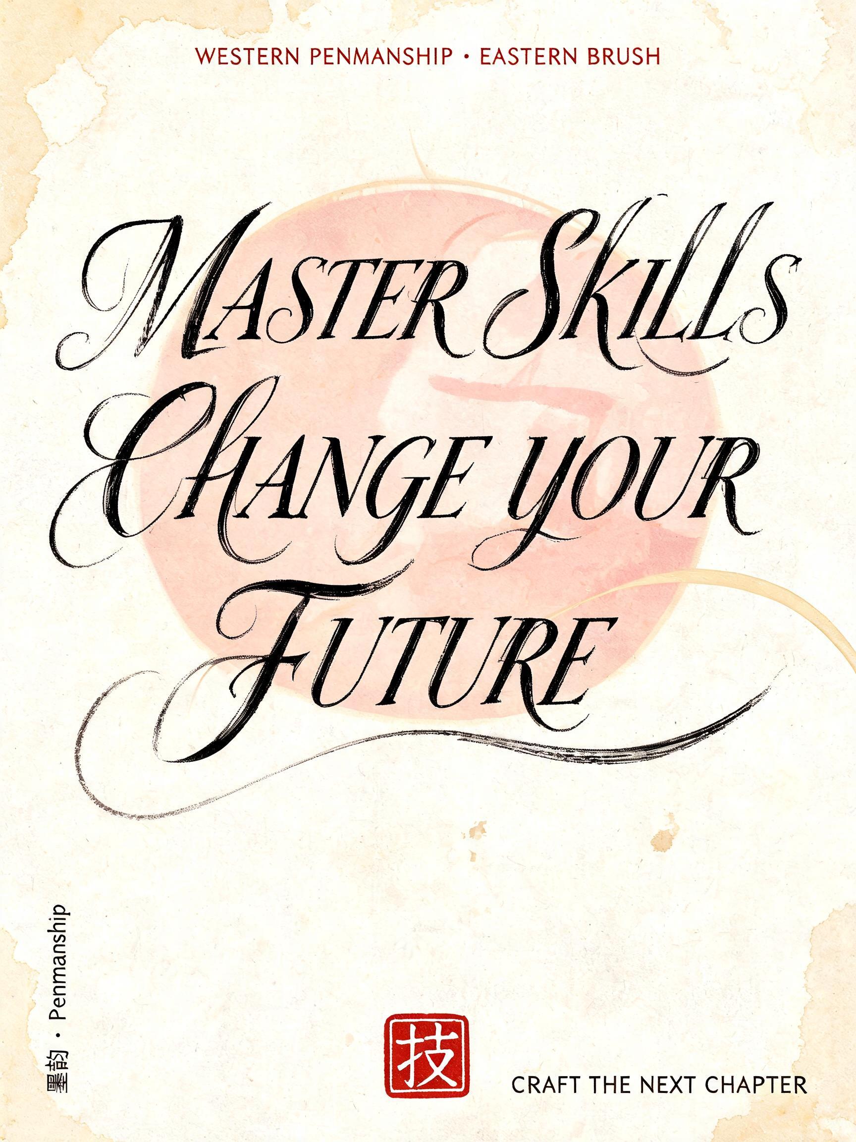 "MASTER SKILLS
CHANGE YOUR
FUTURE
WESTERN PENMANSHIP · EASTERN BRUSH
墨韵 · Penmanship
CRAFT THE NEXT CHAPTER" — Brush Stroke | AI Text Effect Generator