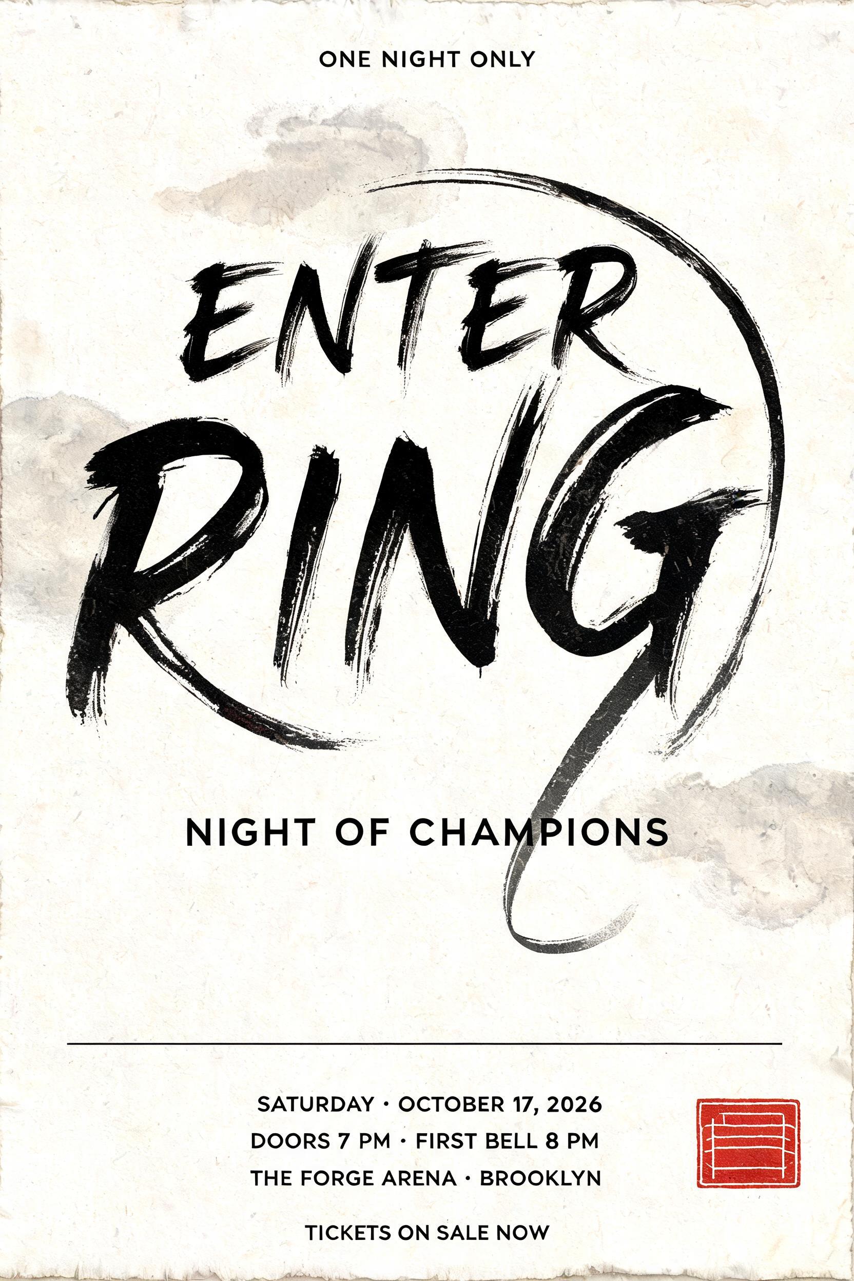 "ENTER
THE RING
ONE NIGHT ONLY
NIGHT OF CHAMPIONS
SATURDAY · OCTOBER 17, 2026
DOORS 7 PM · FIRST BELL 8 PM
THE FORGE ARENA · BROOKLYN
TICKETS ON SALE NOW" — Brush Chinese Ink | AI Text Effect Generator