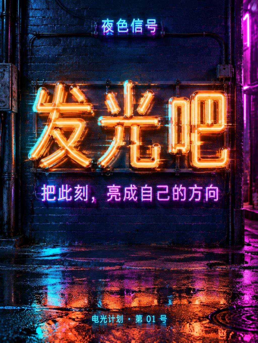 "夜色信号
发光吧
把此刻，亮成自己的方向
电光计划 · 第 01 号" — Neon Glow | AI Text Effect Generator