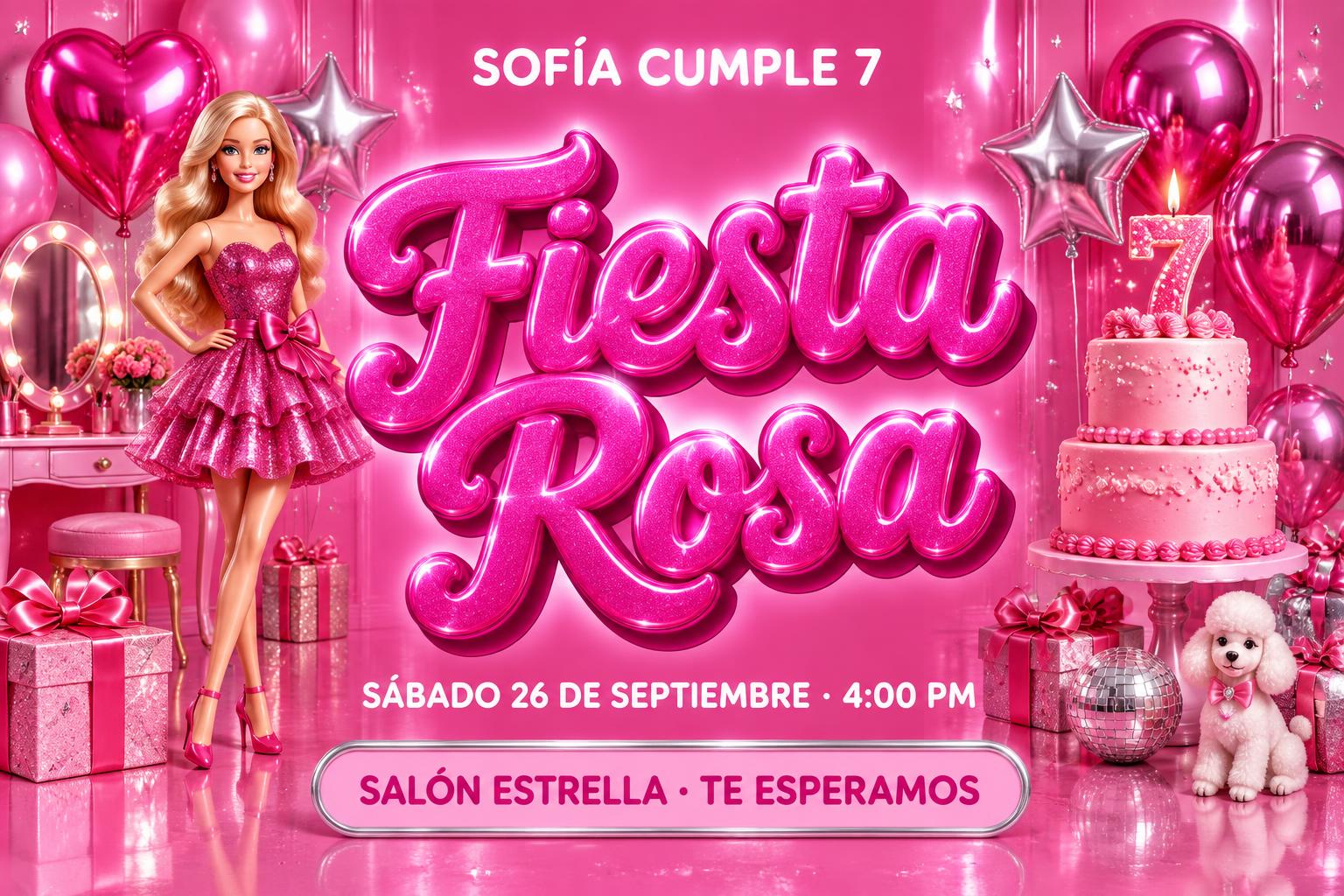 "Fiesta Rosa
SOFÍA CUMPLE 7
SÁBADO 26 DE SEPTIEMBRE · 4:00 PM
SALÓN ESTRELLA · TE ESPERAMOS" — Barbie | AI Text Effect Generator