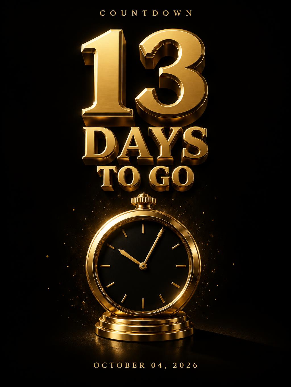 "13
DAYS
TO GO
COUNTDOWN
OCTOBER 04, 2026" — 3d Bold Gold | AI Text Effect Generator