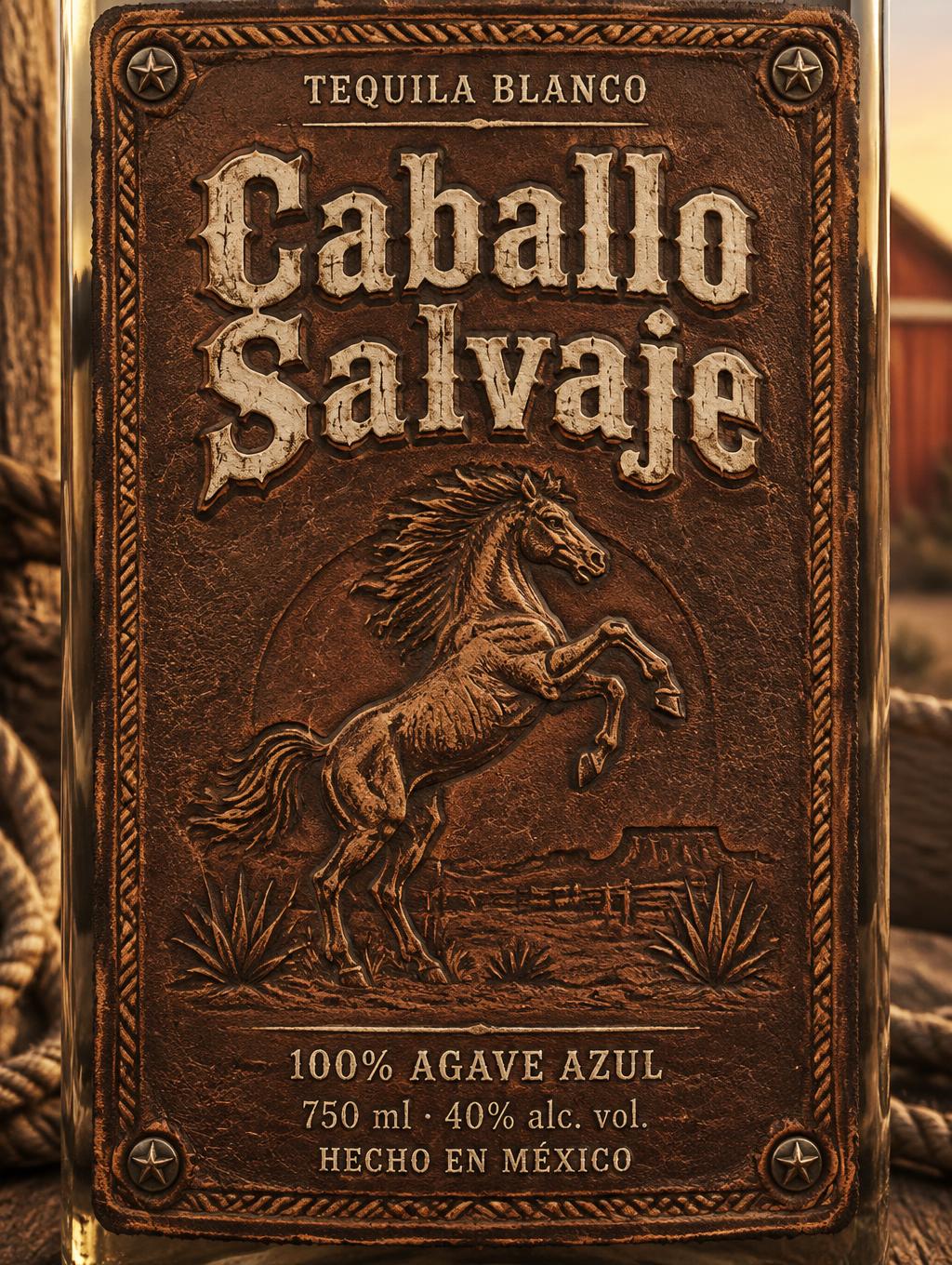 "Caballo Salvaje
TEQUILA BLANCO
100% AGAVE AZUL
750 ml · 40% alc. vol.
HECHO EN MÉXICO" — Western | AI Text Effect Generator
