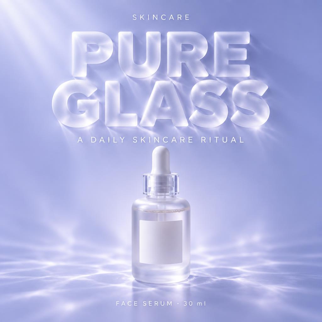"PURE GLASS
SKINCARE
A DAILY SKINCARE RITUAL
FACE SERUM · 30 ml" — Glass | AI Text Effect Generator