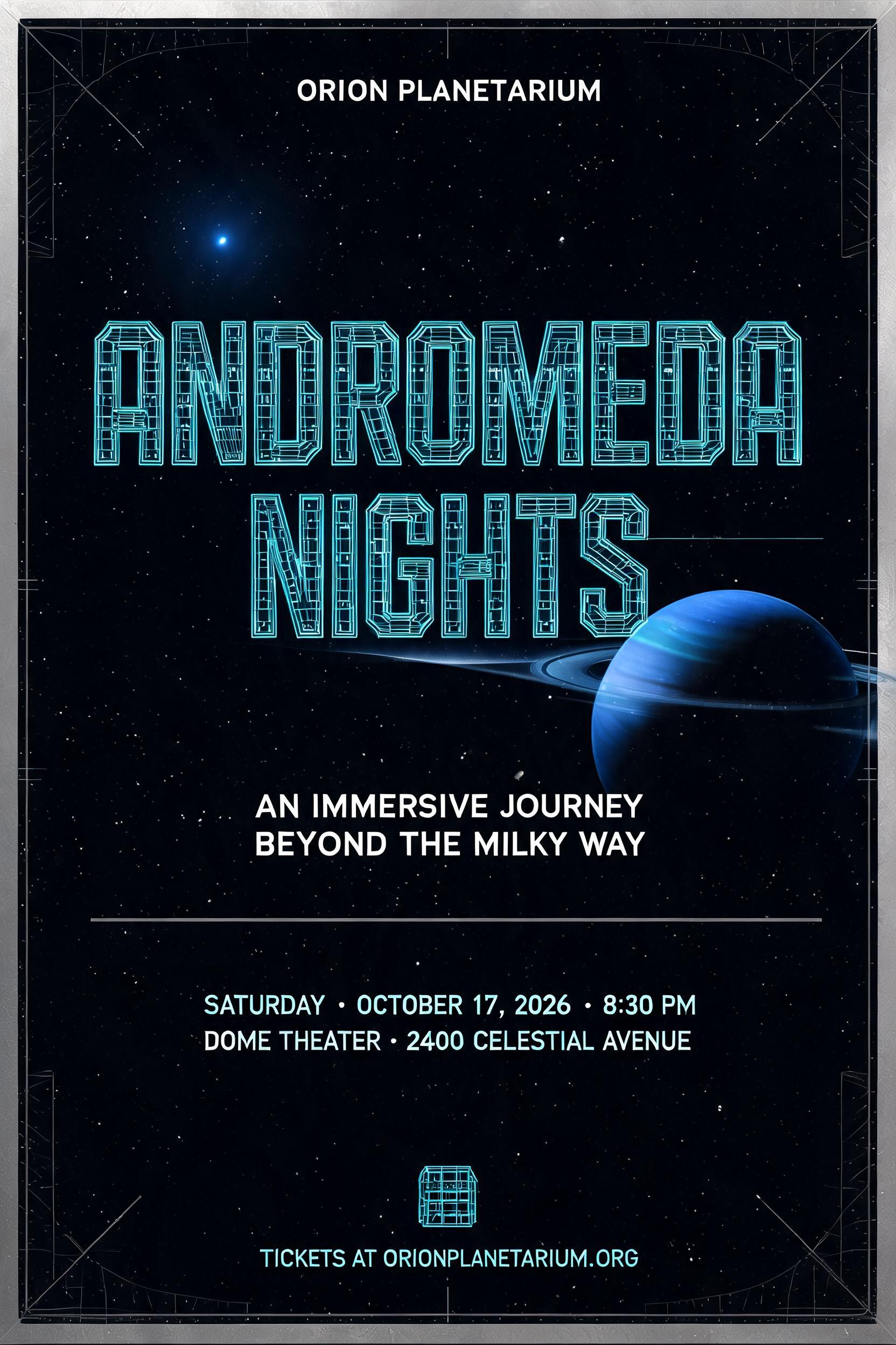 "ANDROMEDA
NIGHTS
ORION PLANETARIUM
AN IMMERSIVE JOURNEY BEYOND THE MILKY WAY
SATURDAY · OCTOBER 17, 2026 · 8:30 PM
DOME THEATER · 2400 CELESTIAL AVENUE
TICKETS AT ORIONPLANETARIUM.ORG" — Cinematic Scifi | AI Text Effect Generator